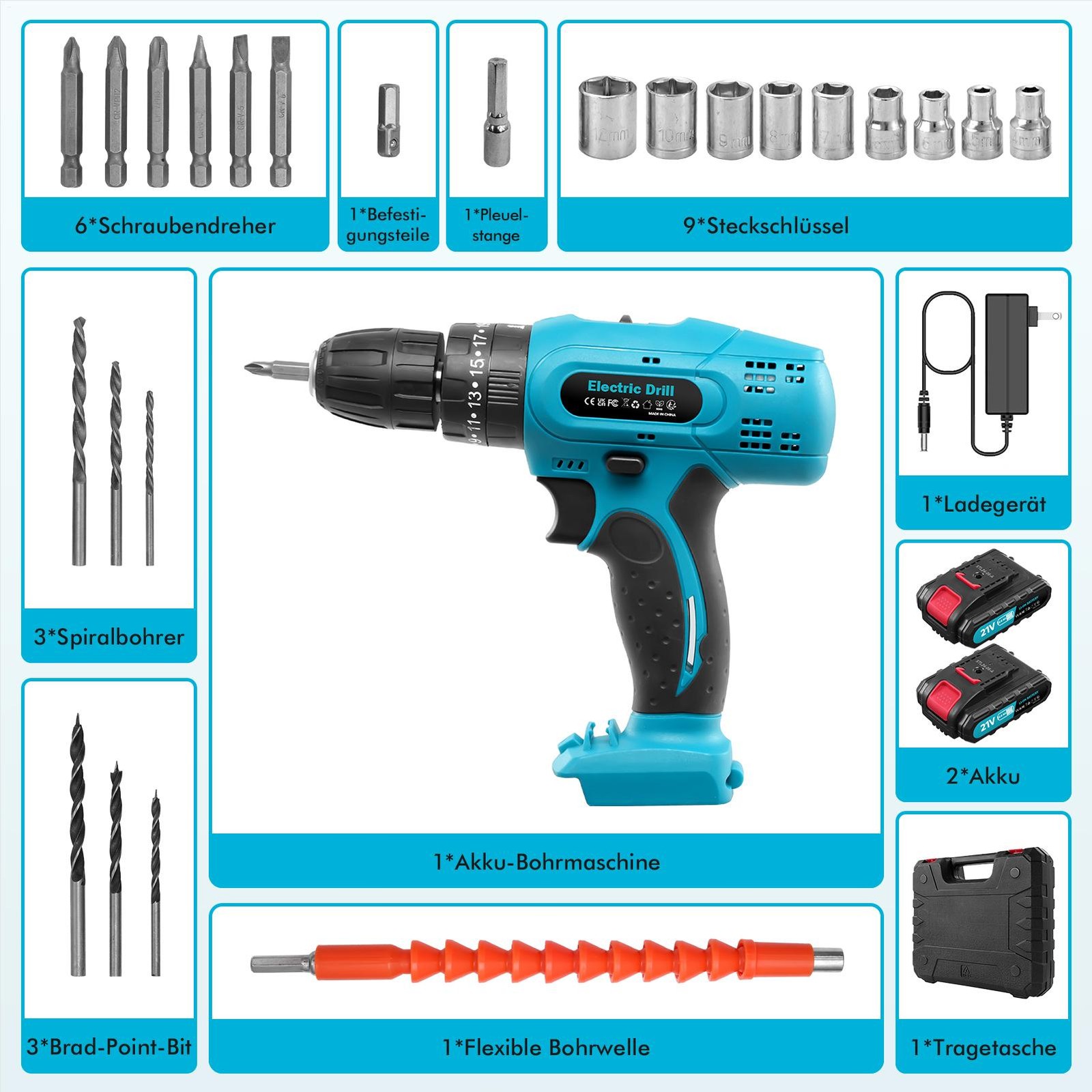 21V Cordless Drill Screwdriver Battery Driver Electric W/ 2 Batteries