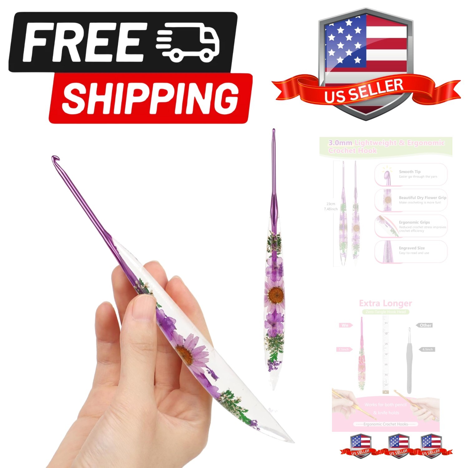 3mm Crochet Hooks with Floral Pattern-Elegant &Unique Crochet Needles-Longer ...