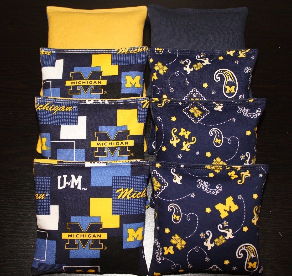 8 All Weather CORNHOLE BEANBAGS made w MICHIGAN WOLVERINES Fabric ACA Reg Bags