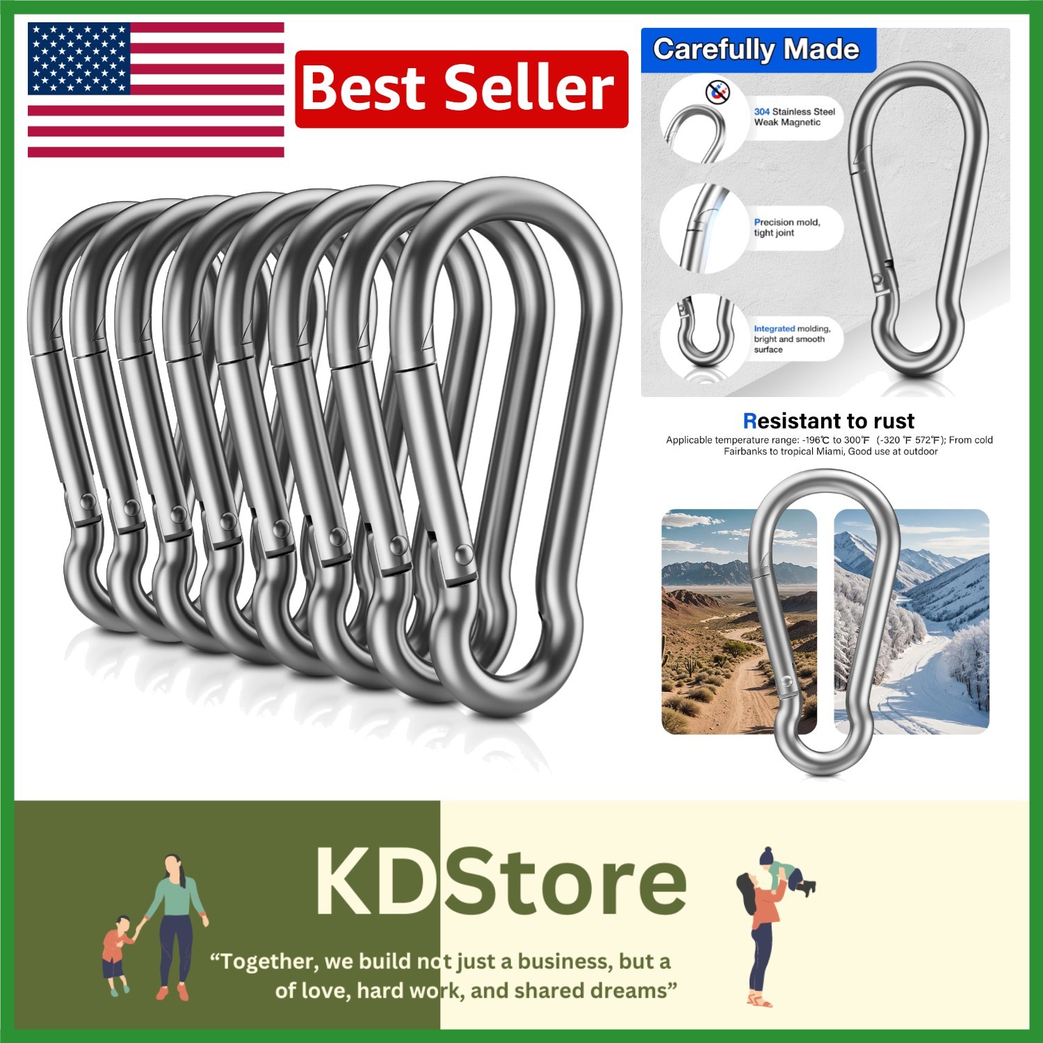 8 PCS Heavy Duty Carabiner Clips, 【NO Rust】 1360Lbs 304 Stainless Steel Carabine