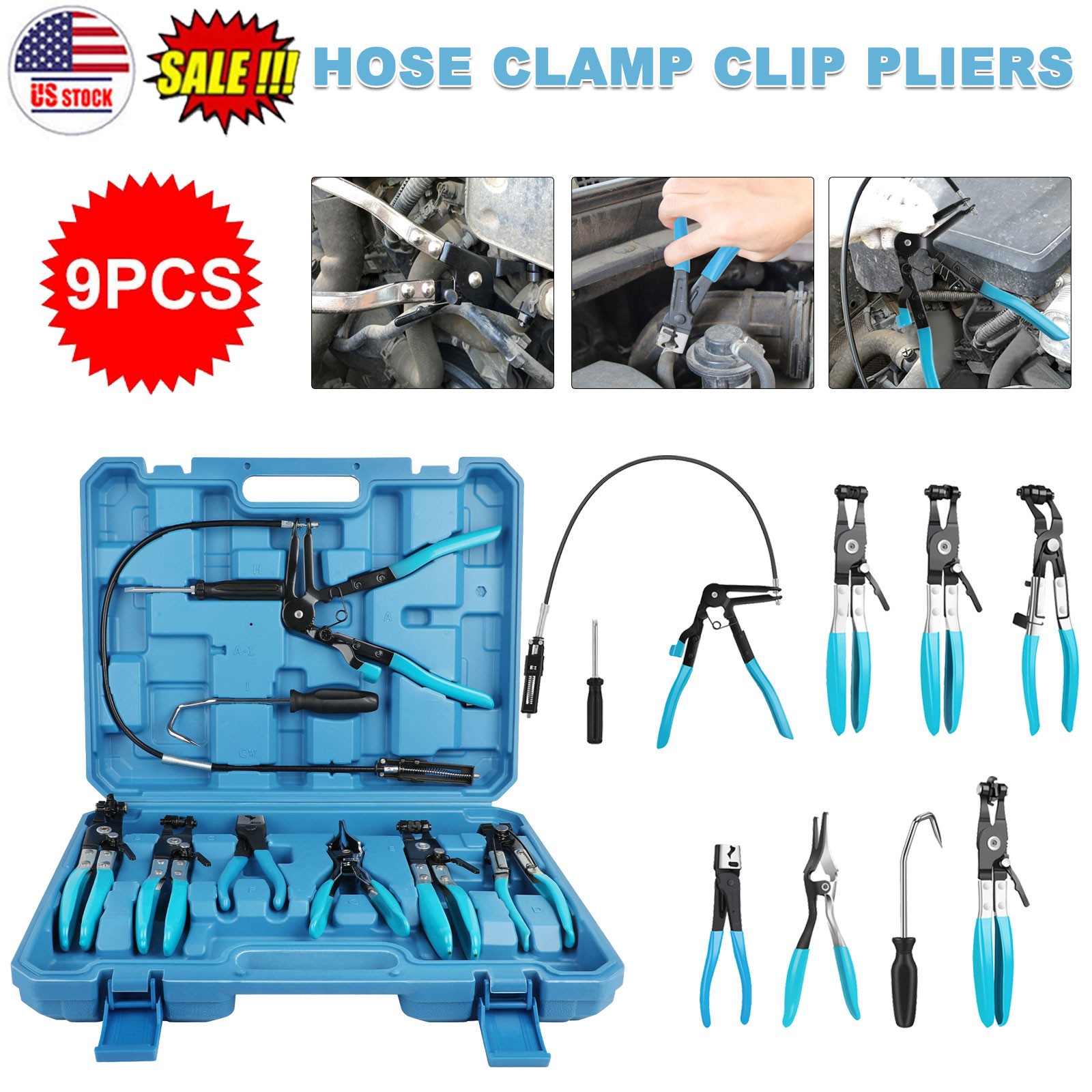 Flexible Automotive Hose Clamp Clip Plier Tool Set Swivel Jaw Flat Angled Band