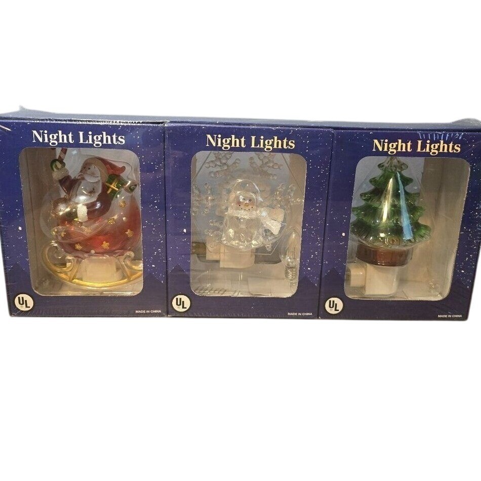 Night Lights! Set of 3 - brand new Santa in a Sleigh, Snowman, Pine Tree Costco