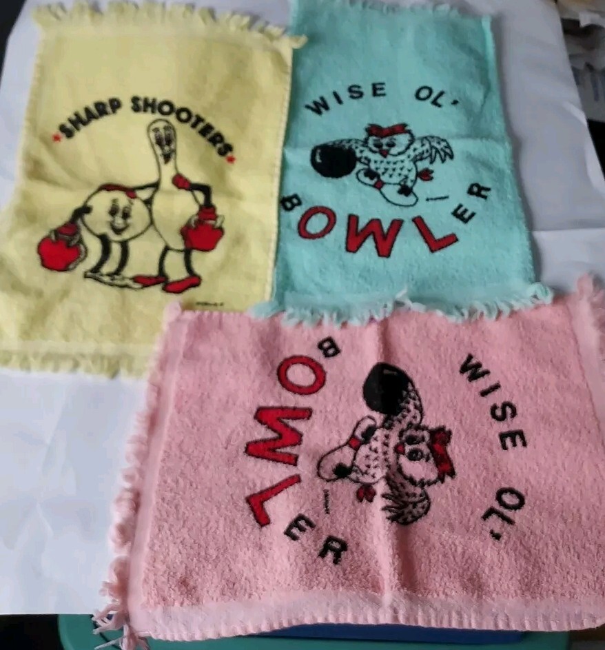 3 vintage bowling towels novelty kitschy 1980s 14" x 11" Green Yellow Pink