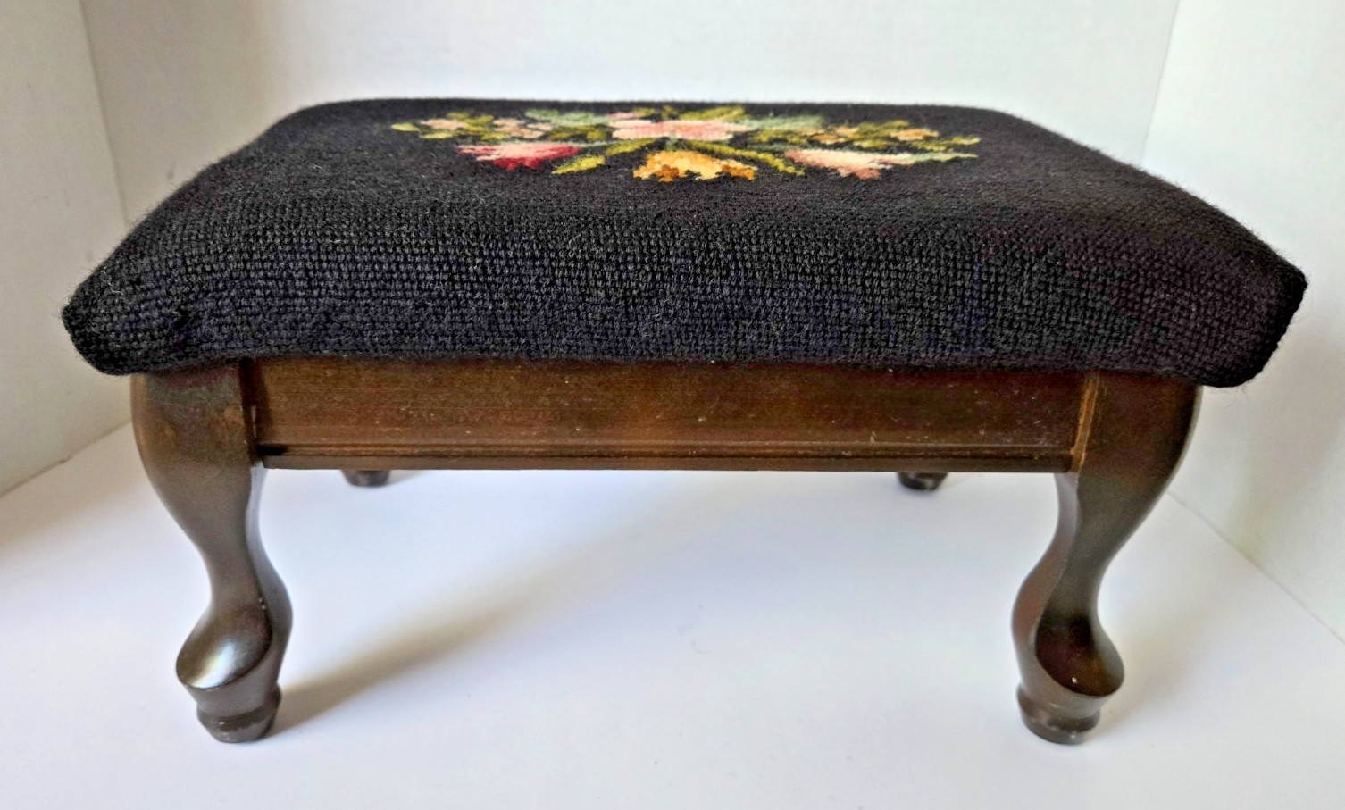 Vtg Floral Needlepoint Footstool Wool Rectangular Victorian Flowers Black 14.5”
