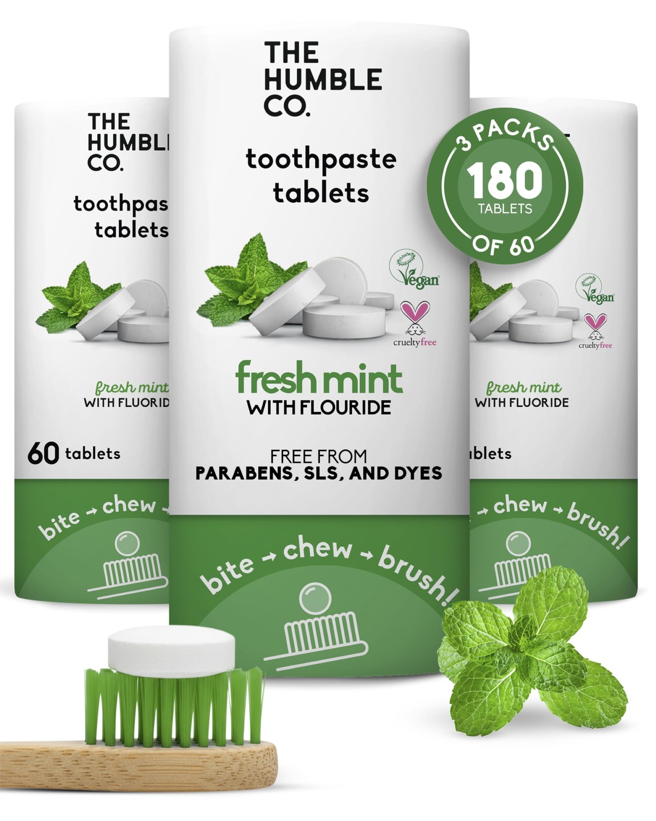 Chewable Fluoride Toothpaste Tablets, Mint Flavor - Eco-Friendly, 180 Count