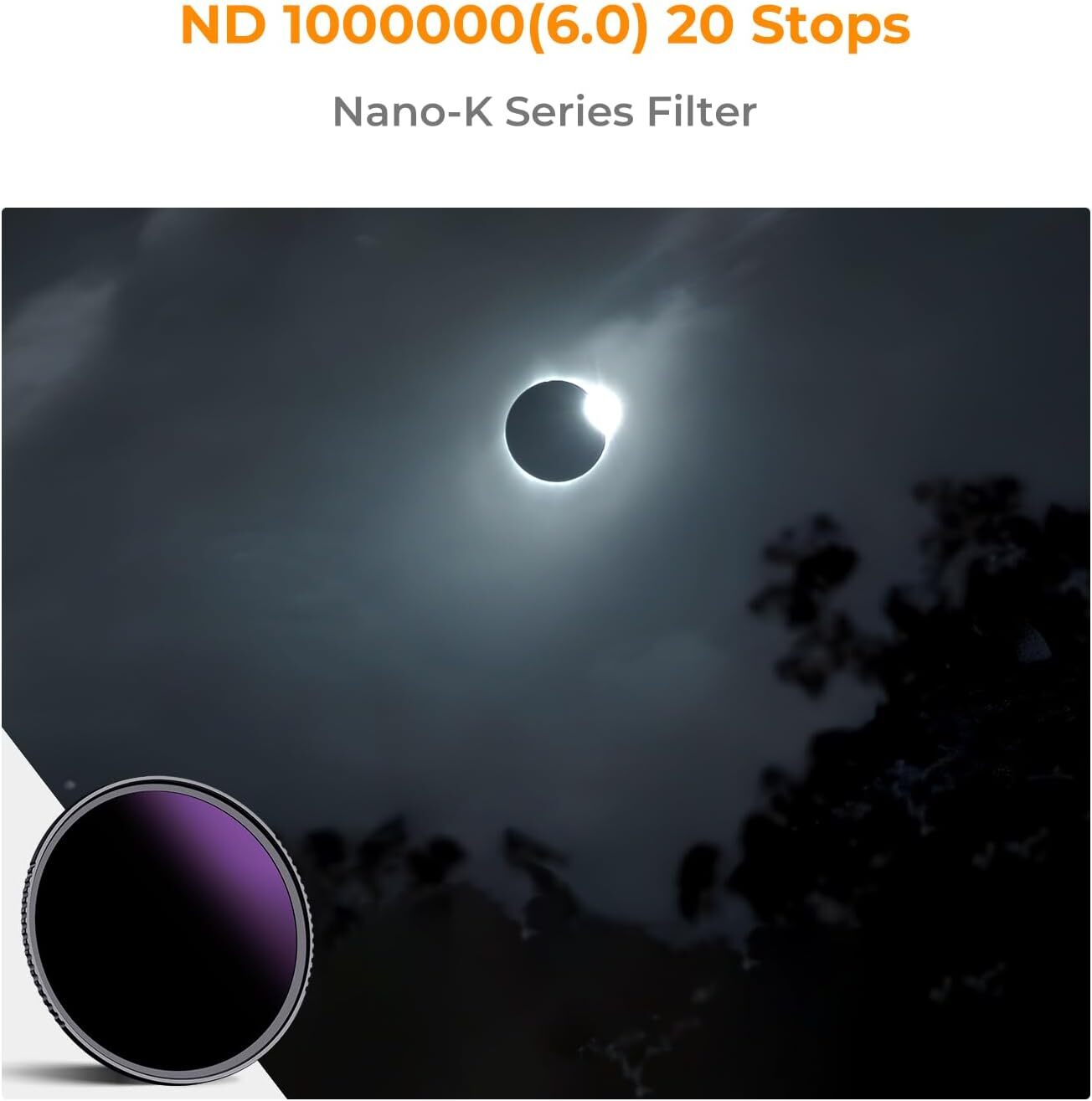 K&F Concept 49-95mm ND1000000 Solid Neutral Density Filter Solar Filter Eclipse