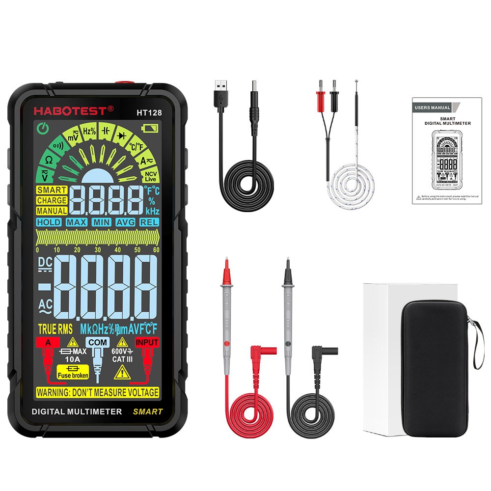 HABOTEST HT128 USB Rechargeable Digital Multimeter Volt Am Ohm True RMS Tester