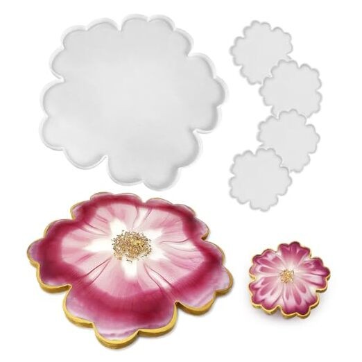 13'' Large Floral Tray Mold + 4'' Flower Geode Coaster Silicone Molds (No