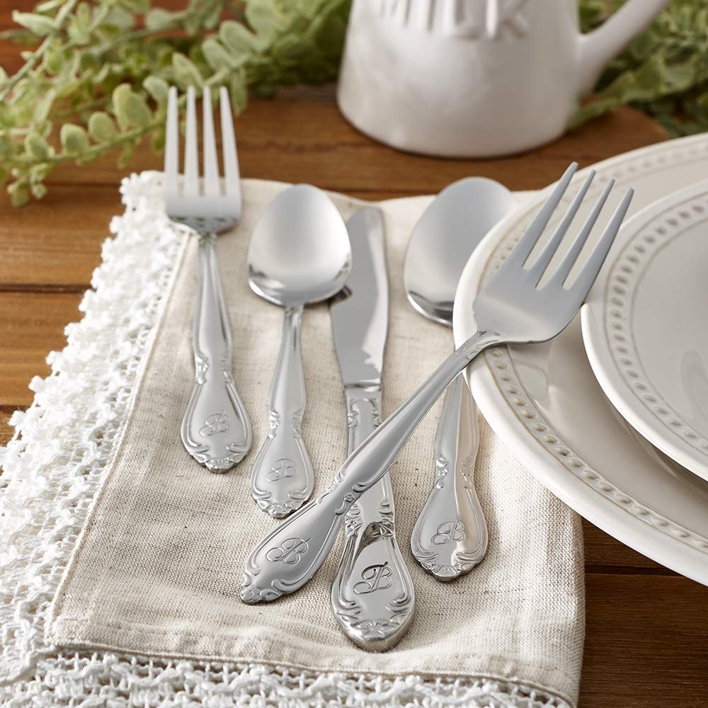Rose Monogrammed Flatware Set 46 Piece Silverware - J - Utensils Set with Ser...