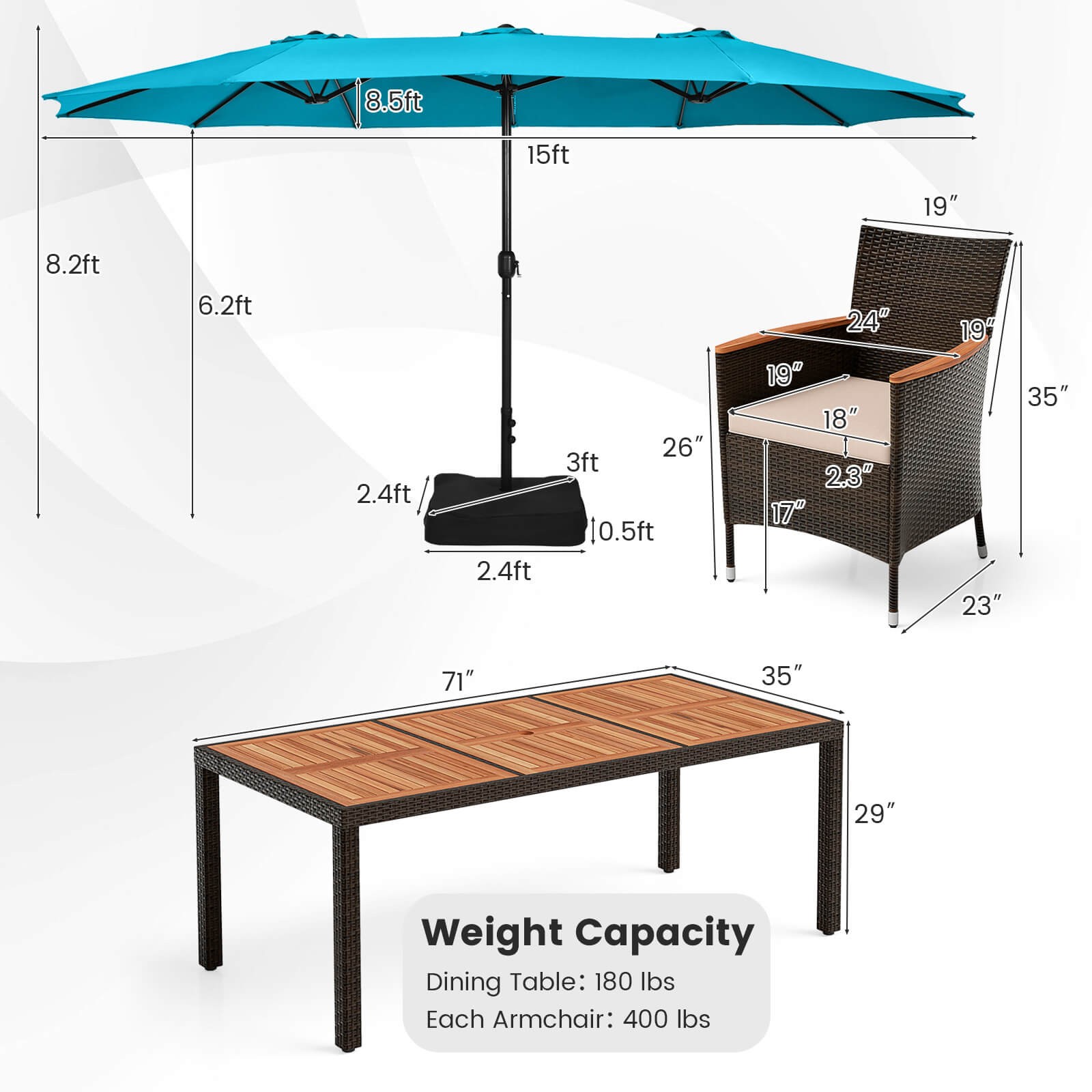 11PCS Patio Dining Set w/ 15ft Double-Sided Patio Umbrella (Base Included)