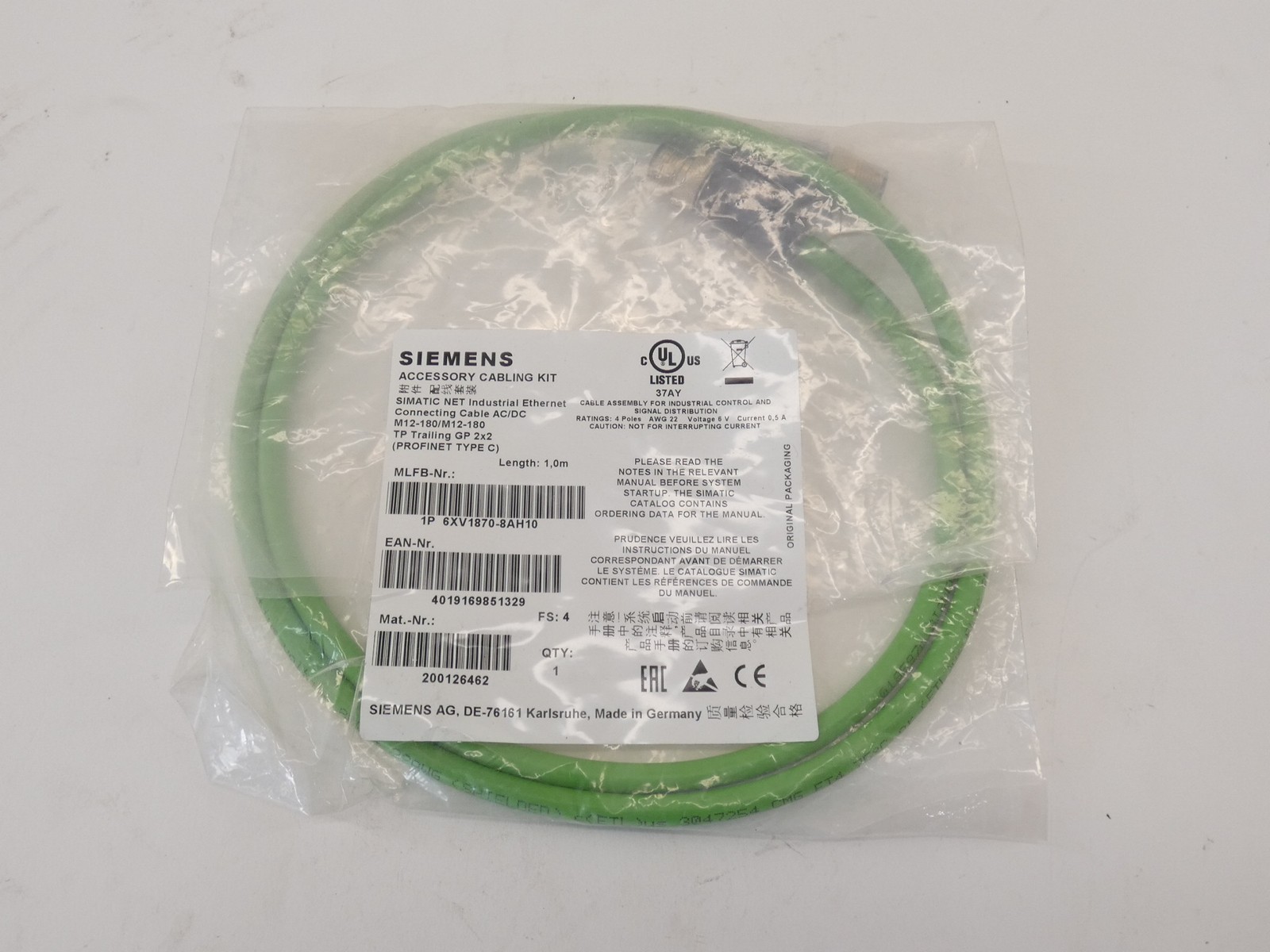 Siemens 6XV1870-8AH10 Connecting Cable Simatic Ethernet 1m - NEW Surplus!