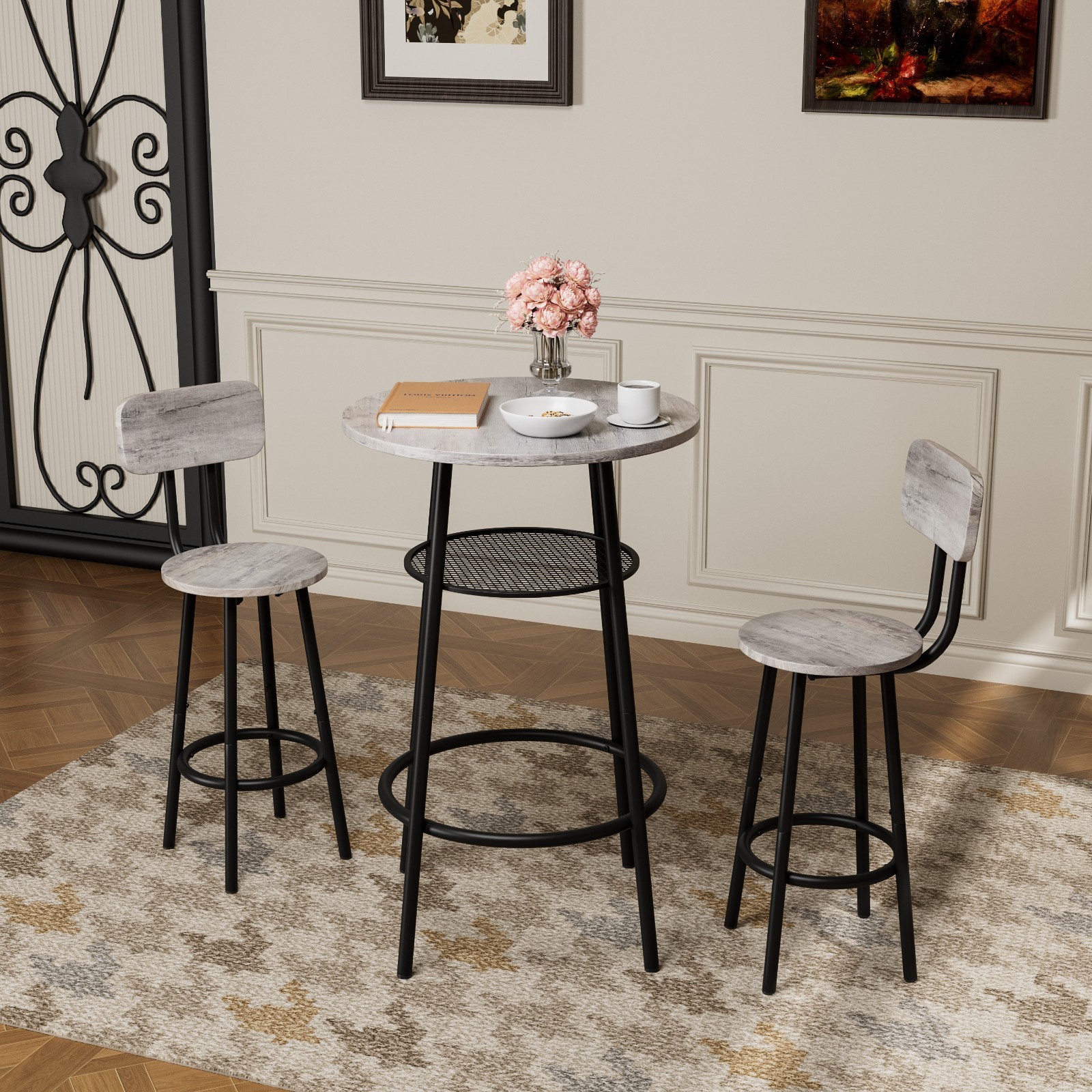3-Pc Round Bar Table Set w/ Backrest & Partition, Small Dining Table for 2