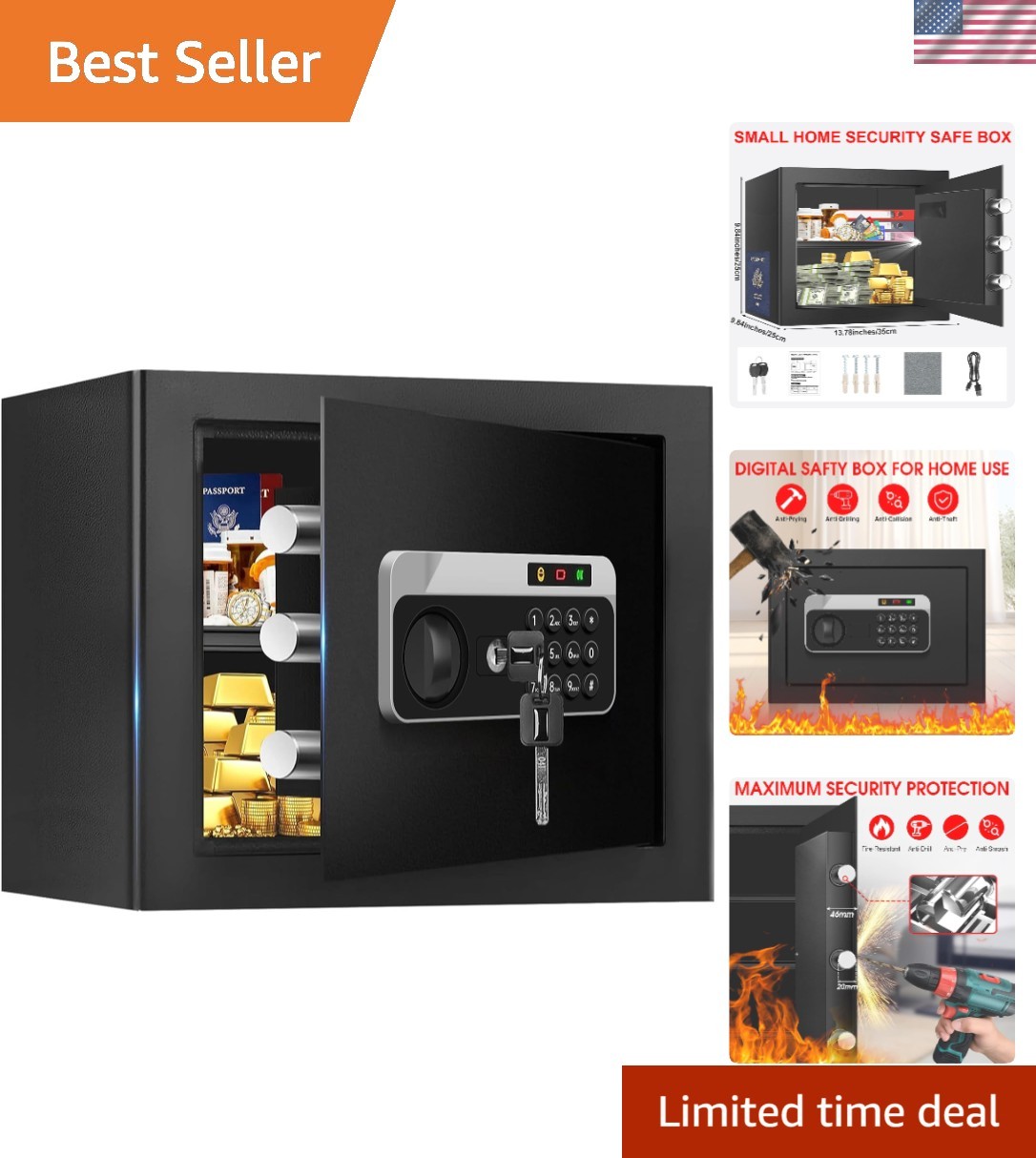 1.3 Cuft Safe Box Fireproof Waterproof, Digital Security Safes for Home Use F...