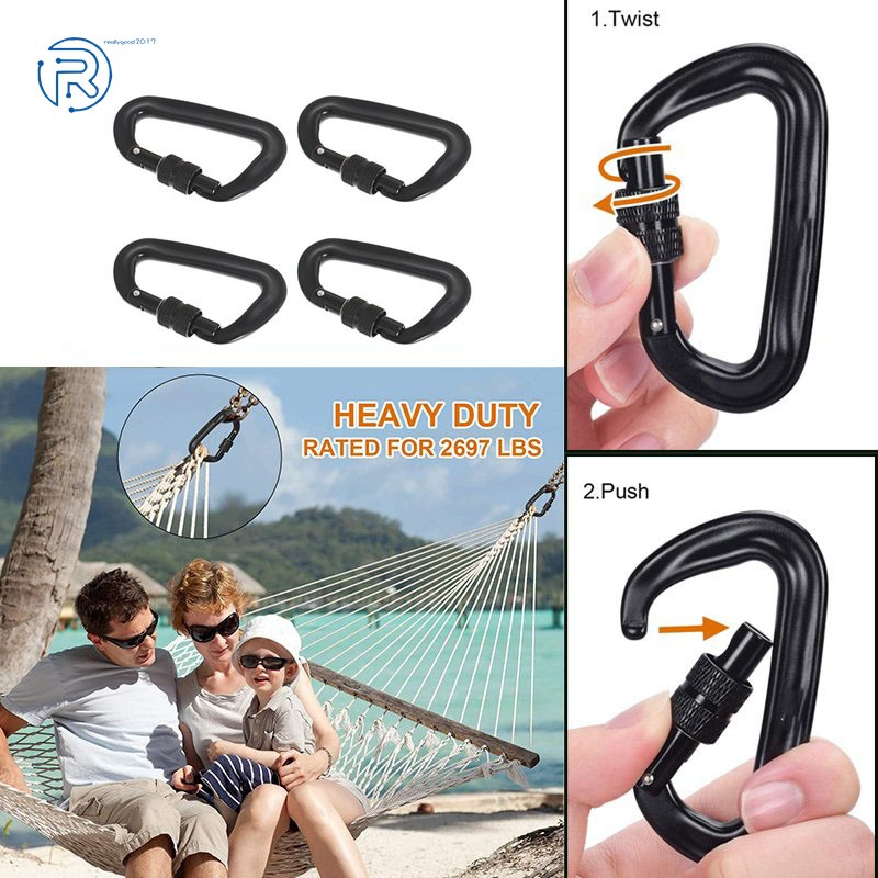 4PACK Carabiners Clip Set  3.2 Inch Locking D Ring Shape Clips 12KN Rock