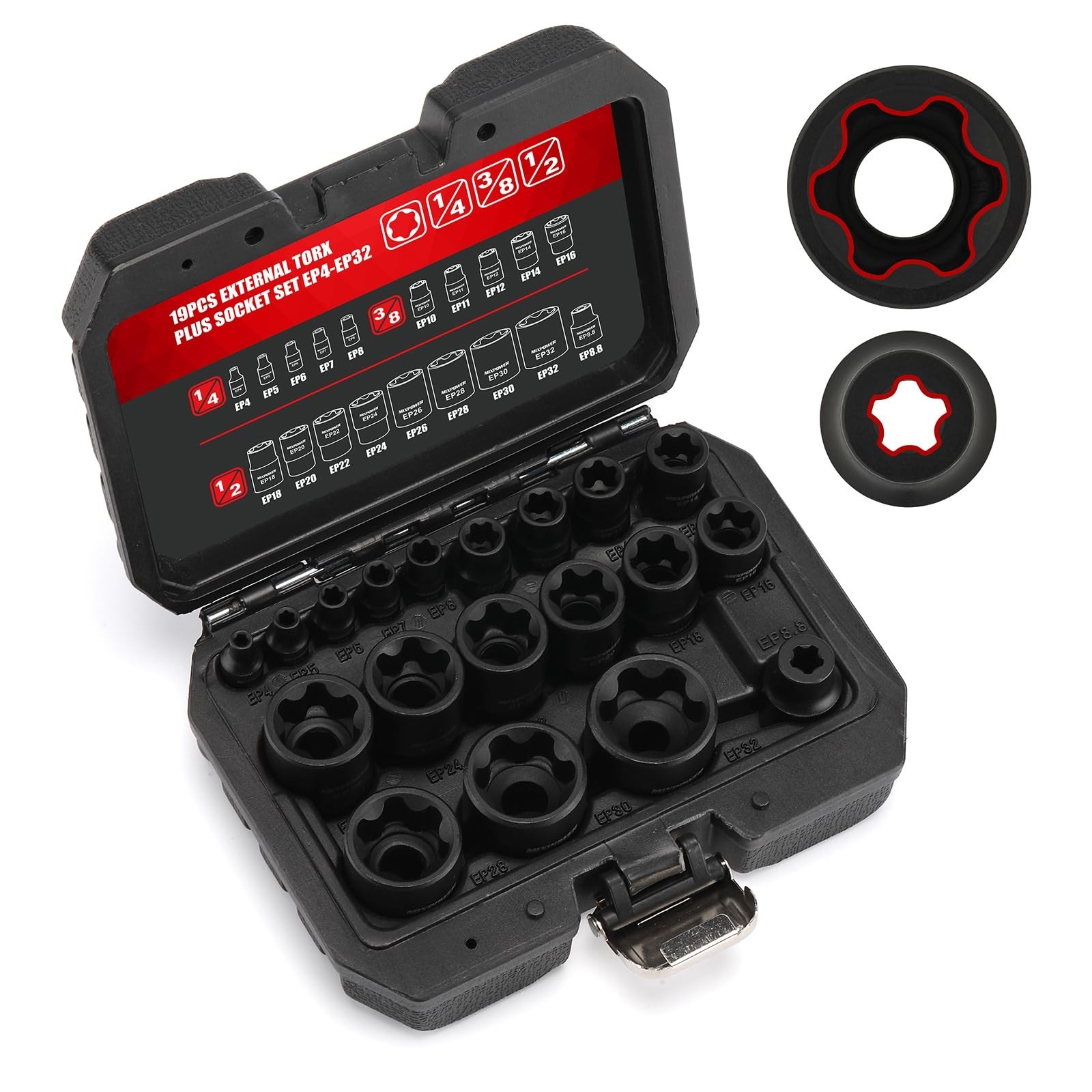 19PC External Torx Plus Socket Set, 6 Point EP Sockets for Tesla EP4-EP32, 1/2''
