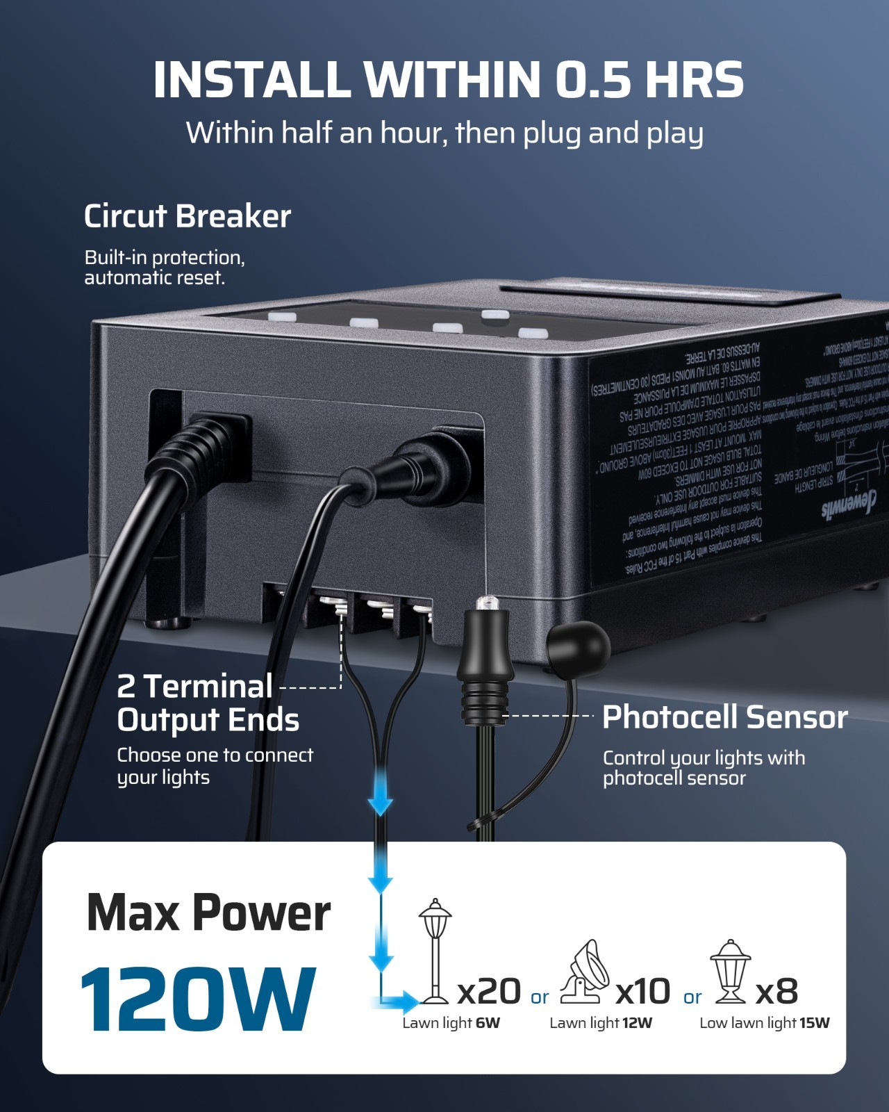 120W Low Voltage Transformer with Photocell Sensor & Timer, 120V AC to 12V DC