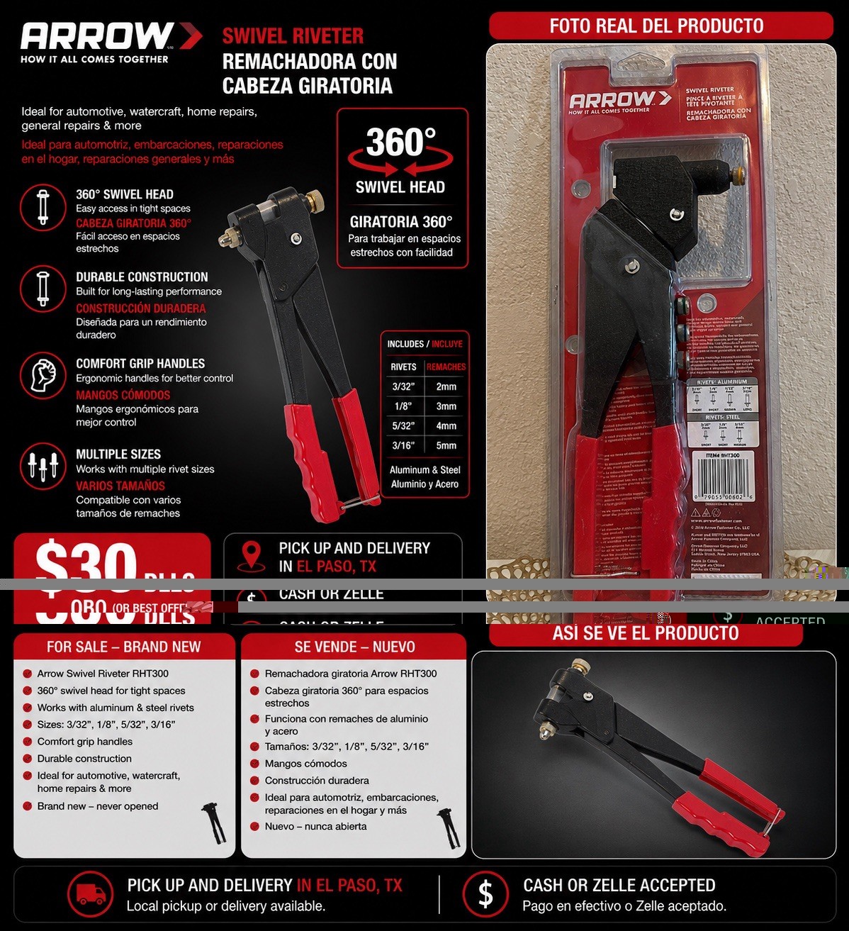Arrow Swivel Head Rivet Tool 360 Degree Rotating Riveter Professional Grade