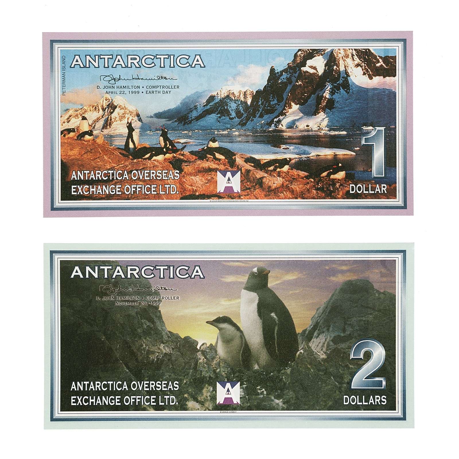 Set of 2 diff. Antarctica 1 & 2 Dollars 1999 AU-UNC