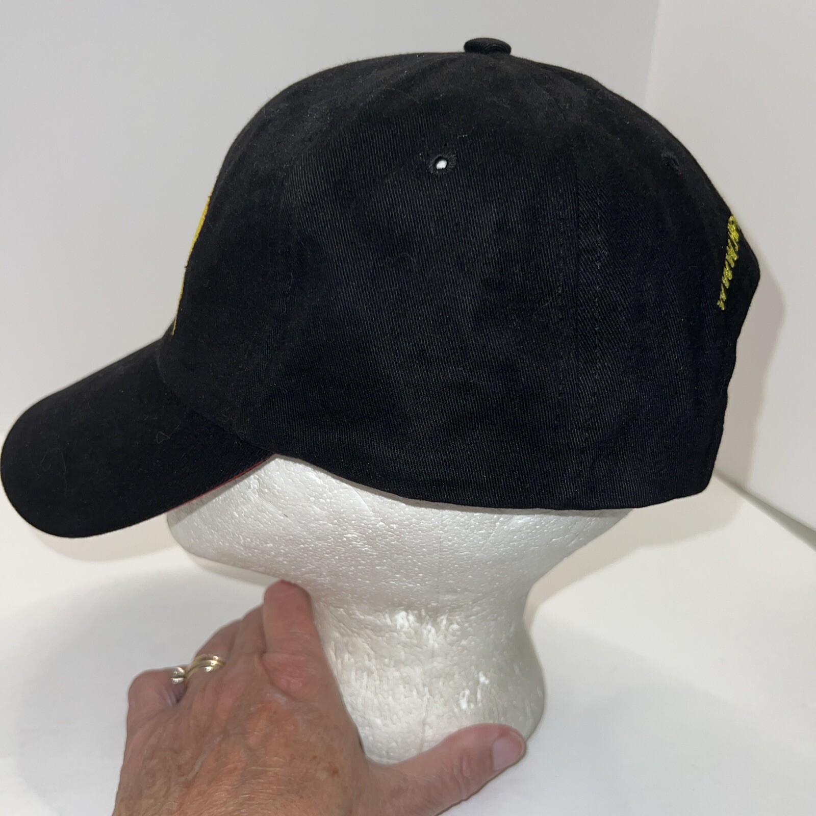 Hippowings Hat Cap Black w Yellow Hippo outlined in Red on the Front. Hook Loop