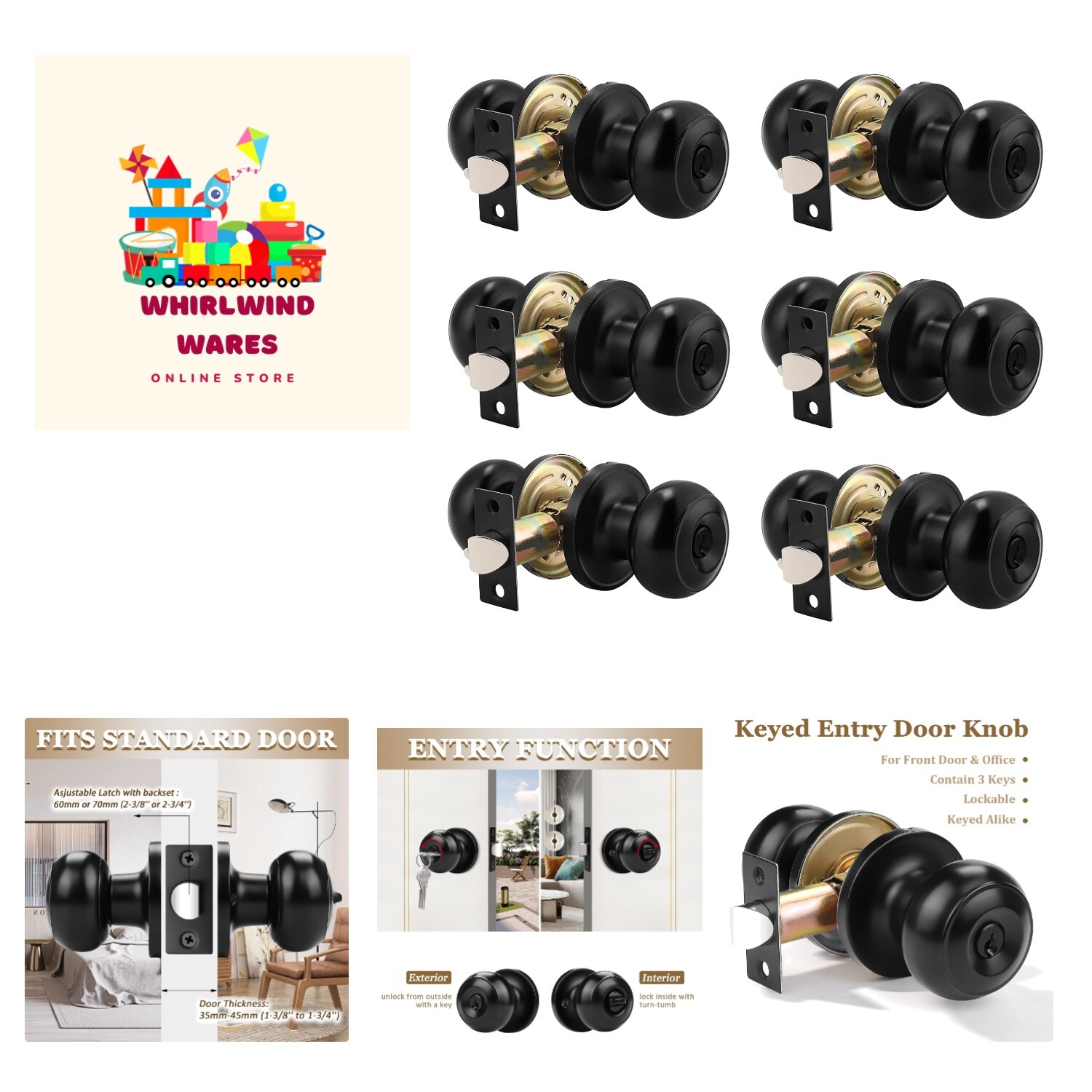 6 Pack Black Round Entry Door Knobs Keyed Alike, Exterior/Interior Door Handl...