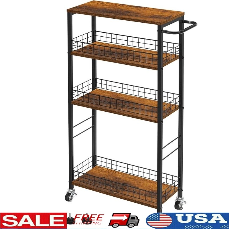 4-Tier Slim Storage Cart Mobile Utility Cart Narrow Spaces Kitchen Bathroom New