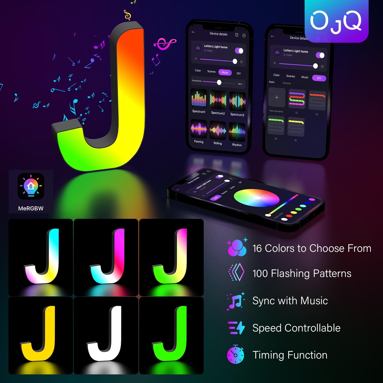 Light Up Letter "J" LED Color Changing Sign USB Powered, App Control
