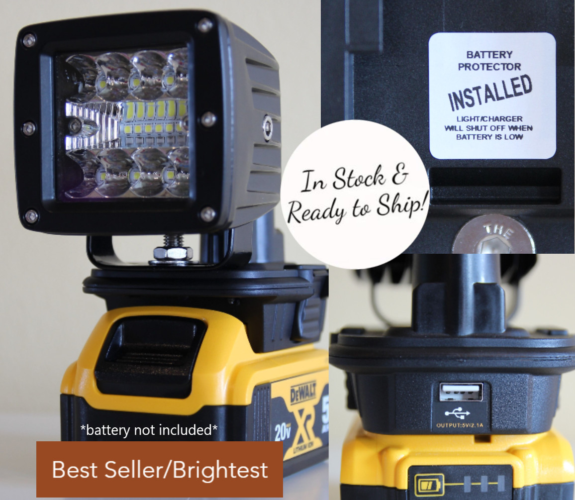 42 Watt Bright Flashlight w/ Battery Protector & USB charger for a Dewalt 20V