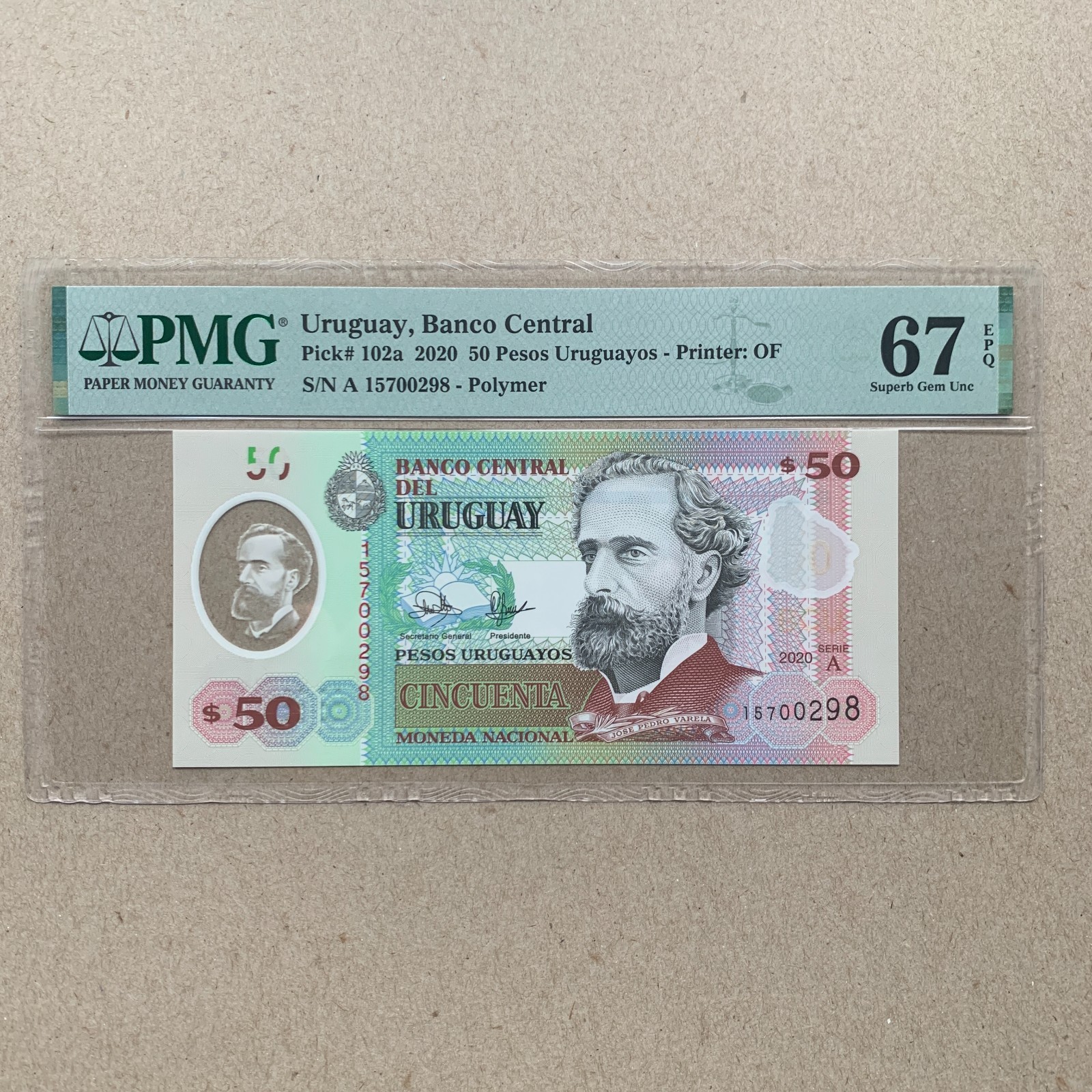 2020 Uruguay 50 Pesos Uruguayos Banknote P102a PMG 67 EPQ UNC Polymer Currency