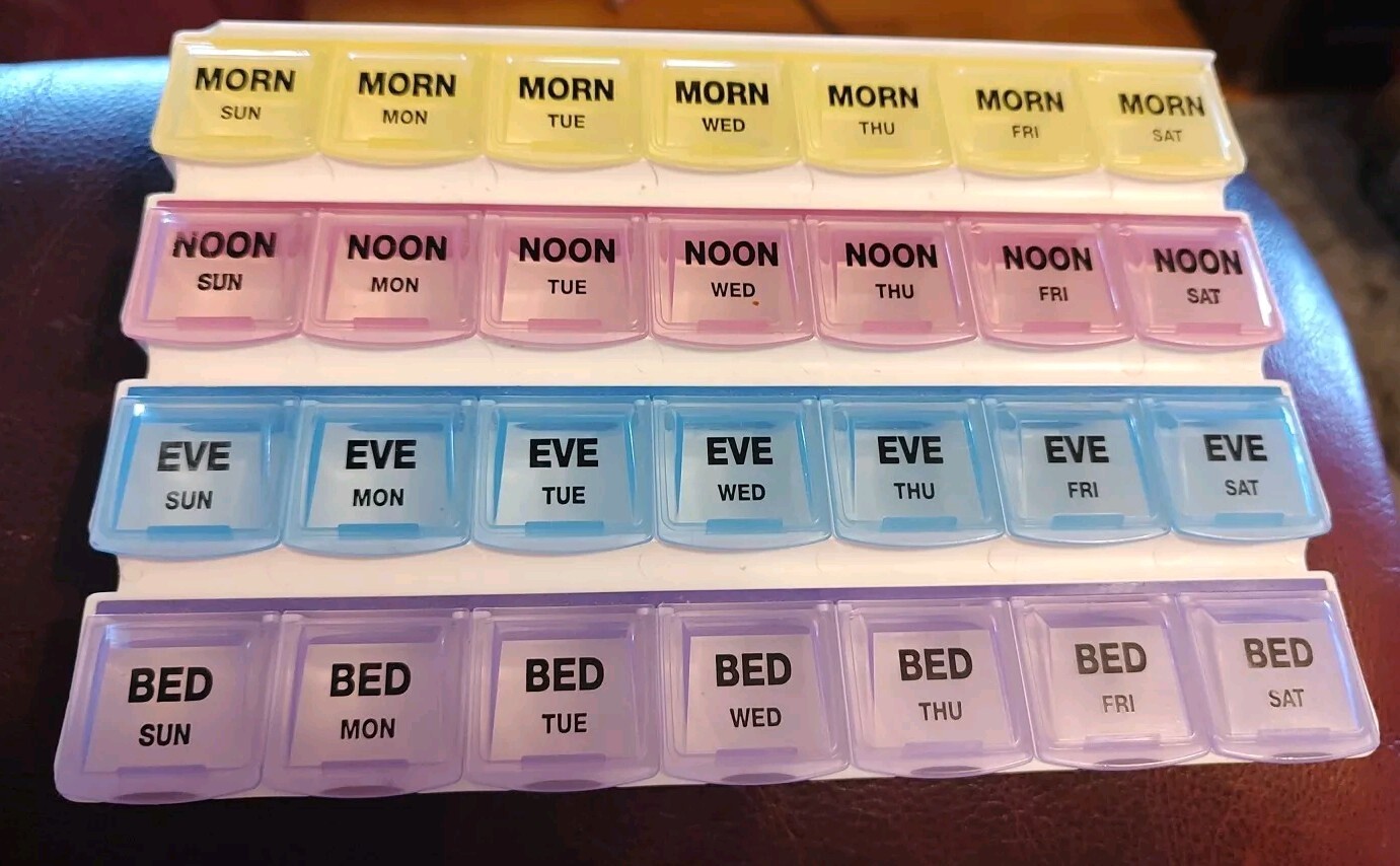 7-Day Plastic Pill Organizer, Color Coded Lids, Organize Medicines for 4 X Day