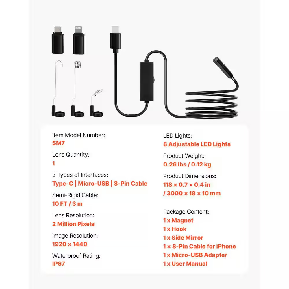 1920P HD Endoscope with Light, Android/Ios Compatible. 8 LED Lights, 10 Ft. Semi