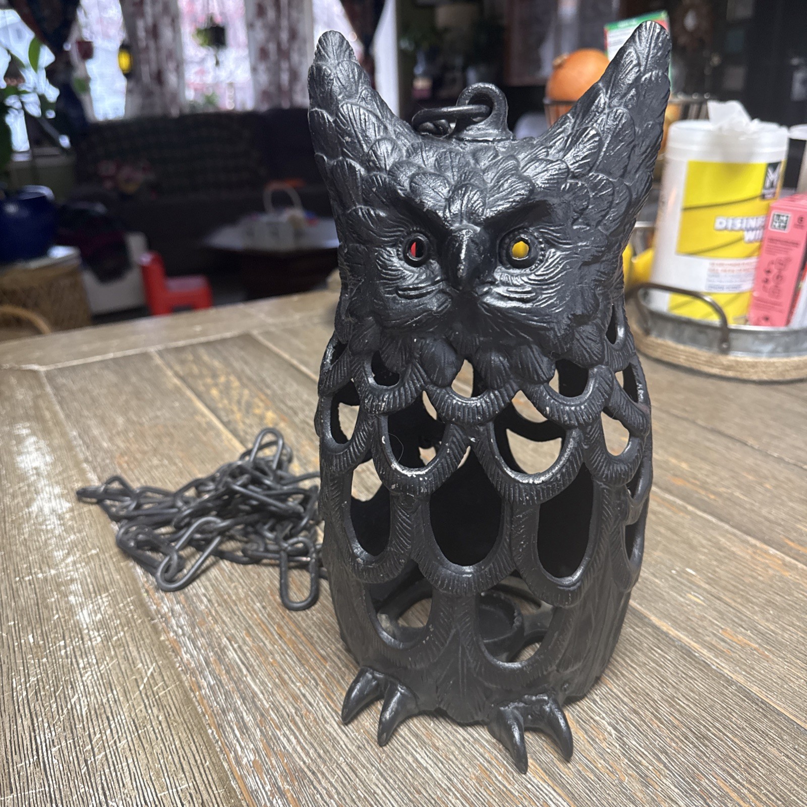 Vintage Cast Iron Owl Hanging Garden Taper Candle Holder Lantern 11” With Chain