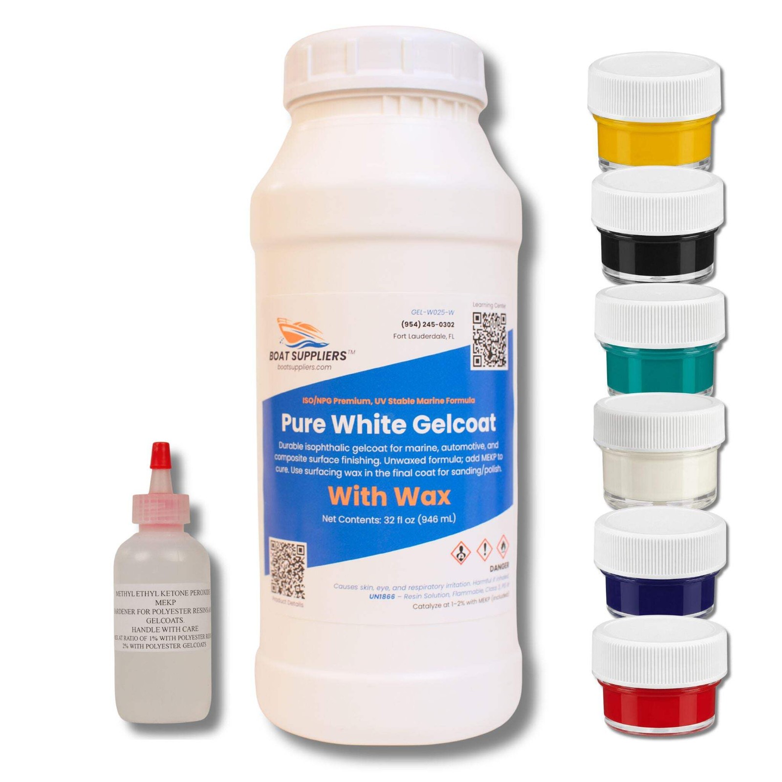 Gelcoat Repair Kit - White Gelcoat Quart With Wax, Hardener & 6 Pigment Colors