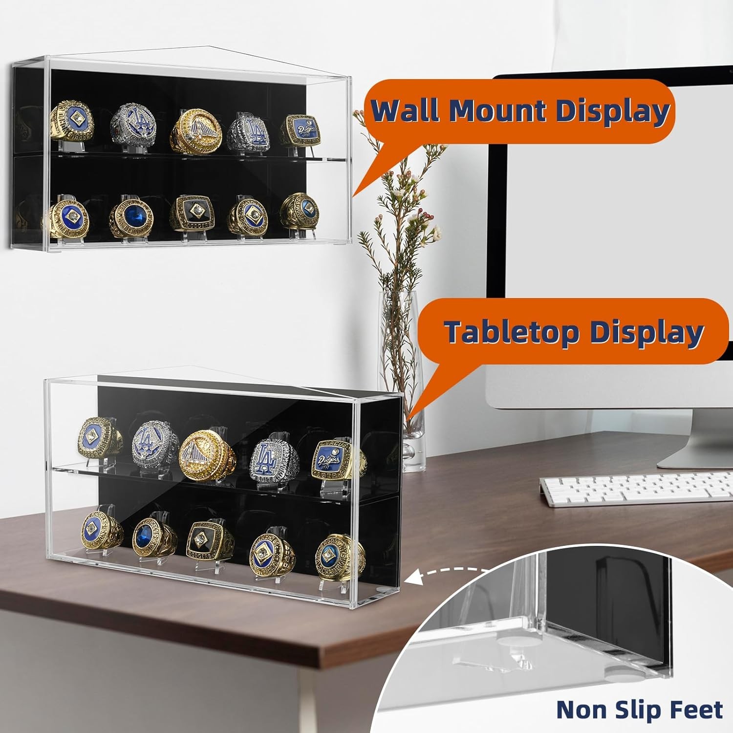 Championship Ring Display Case, 10 Slots Baseball Transparent, Black