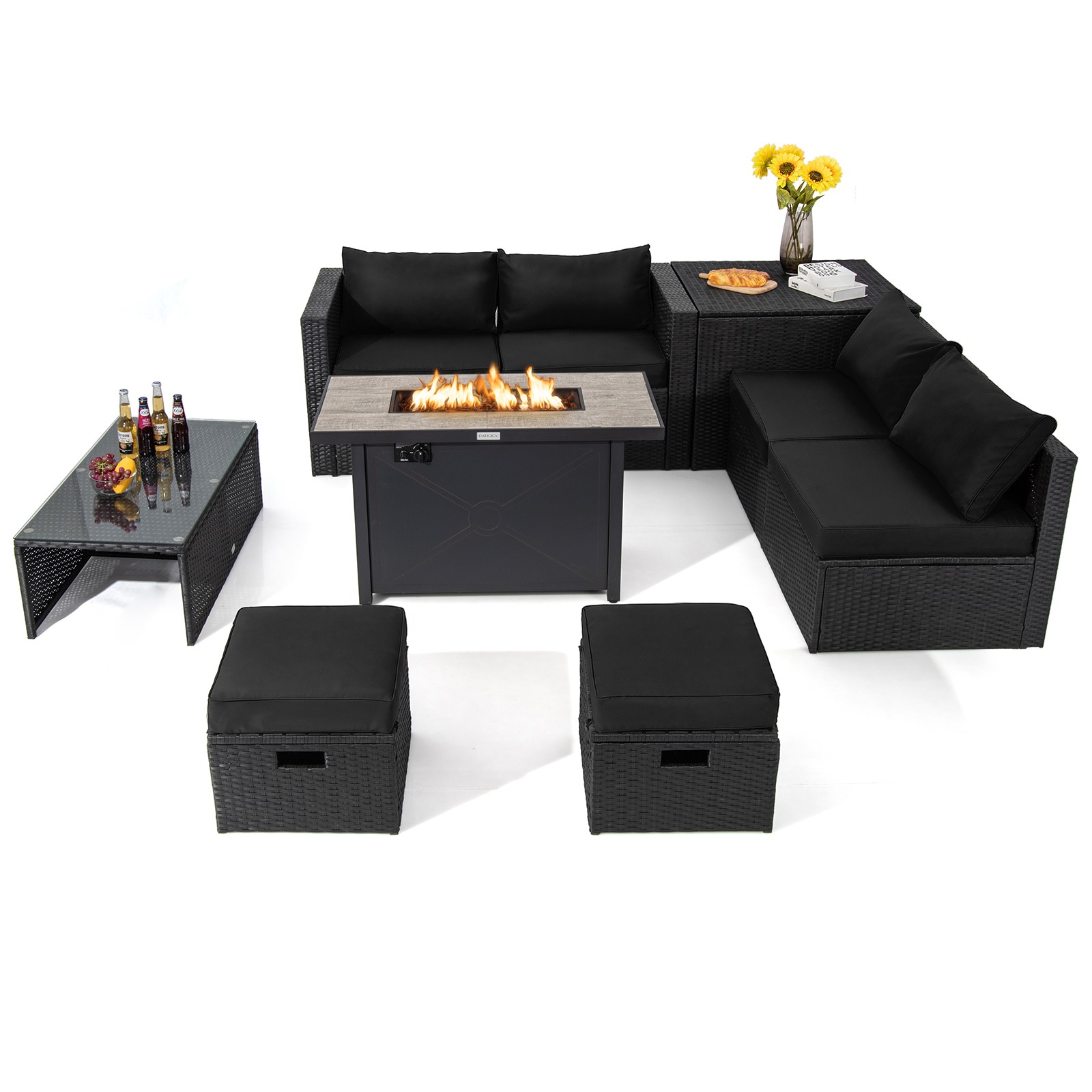Patio 9PCS Rattan Furniture Set Space Saving  42” Fire Pit Table Cover Black