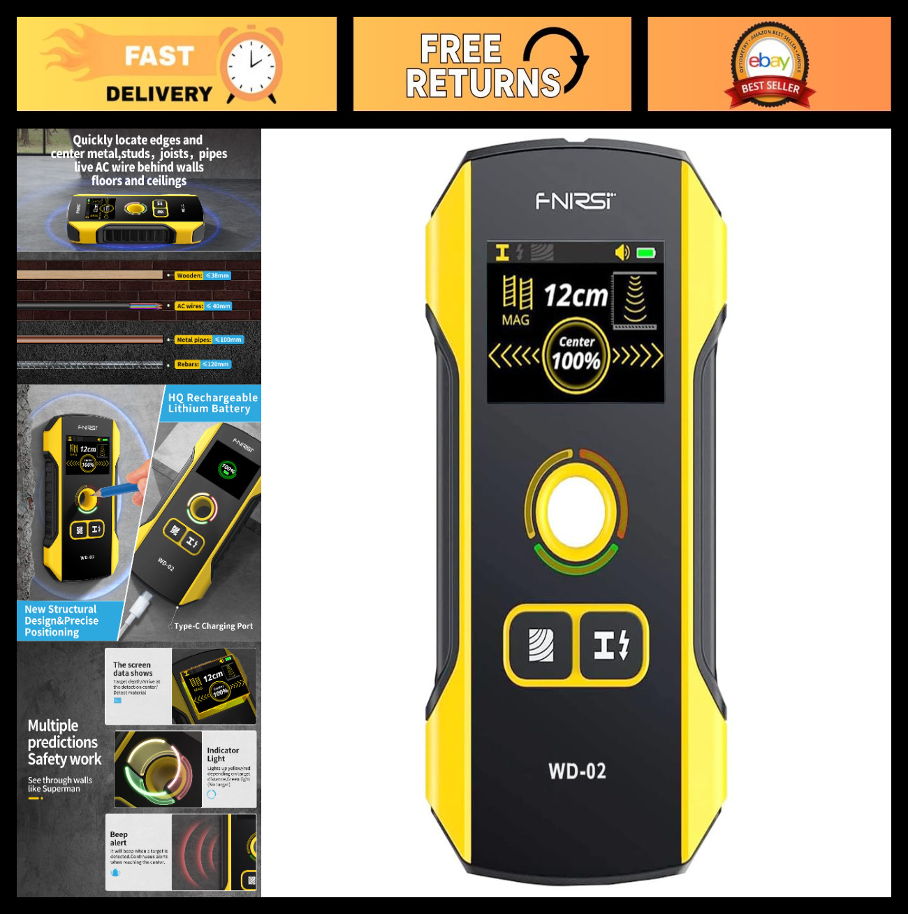 Electronic Wall Scanner Stud Finder for Wood, Metal, AC Wires & Pipes - Accurate