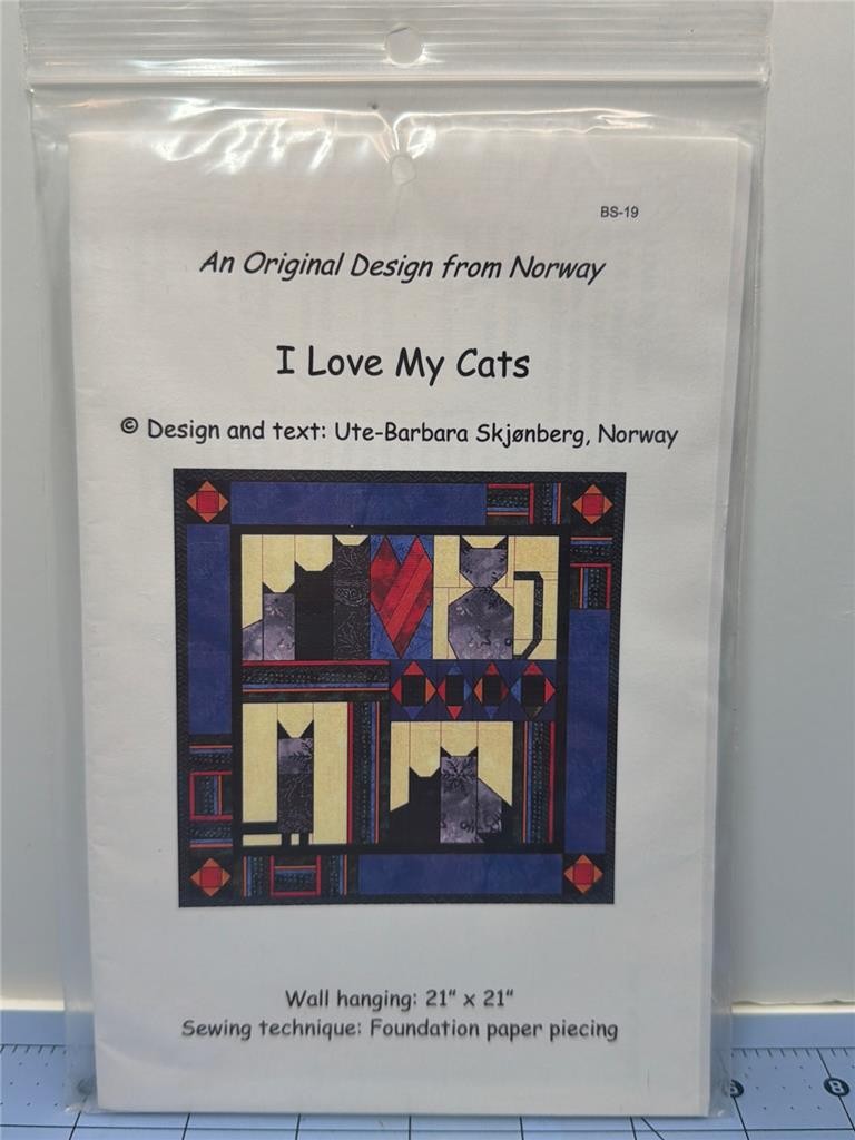 UTE-BARBARA SKONBERG NORWAY Quilt Pattern I LOVE MY CATS - 21" x 21" From Norway