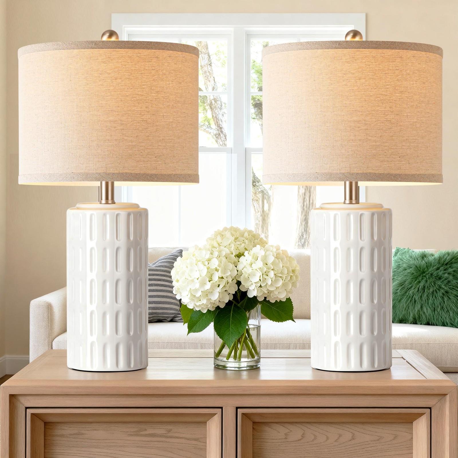 White Ceramic Farmhouse Table Lamps Set of 2 for Bedroom, Living Room