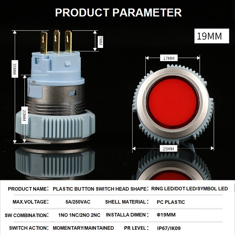 19mm Tri-color LED Black Plastic 2NO 2NC5A 250V Ring LED IP67 Push Button Switch