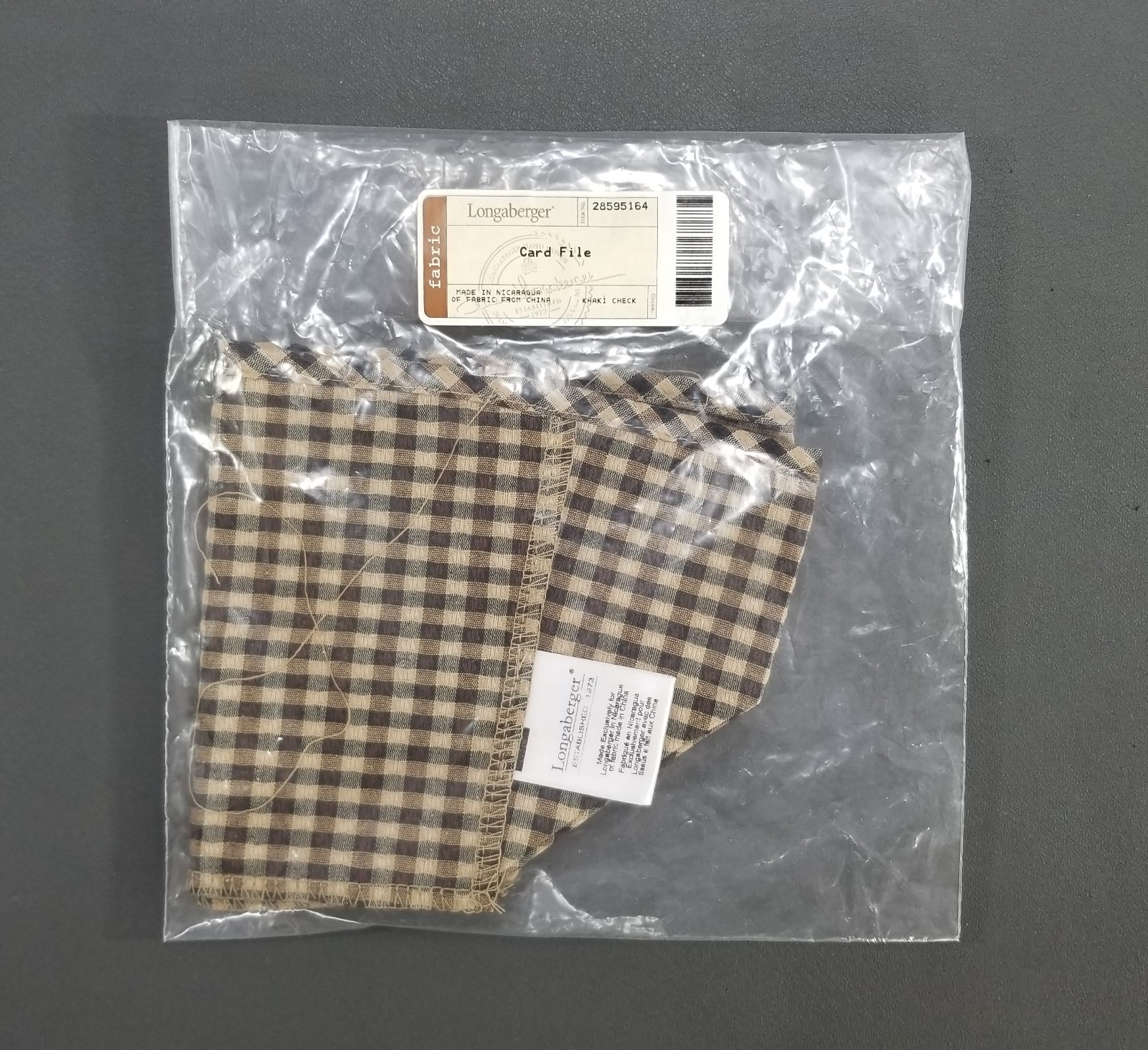 Longaberger Fabric Basket Liner Card File 28595164 Khaki Check New