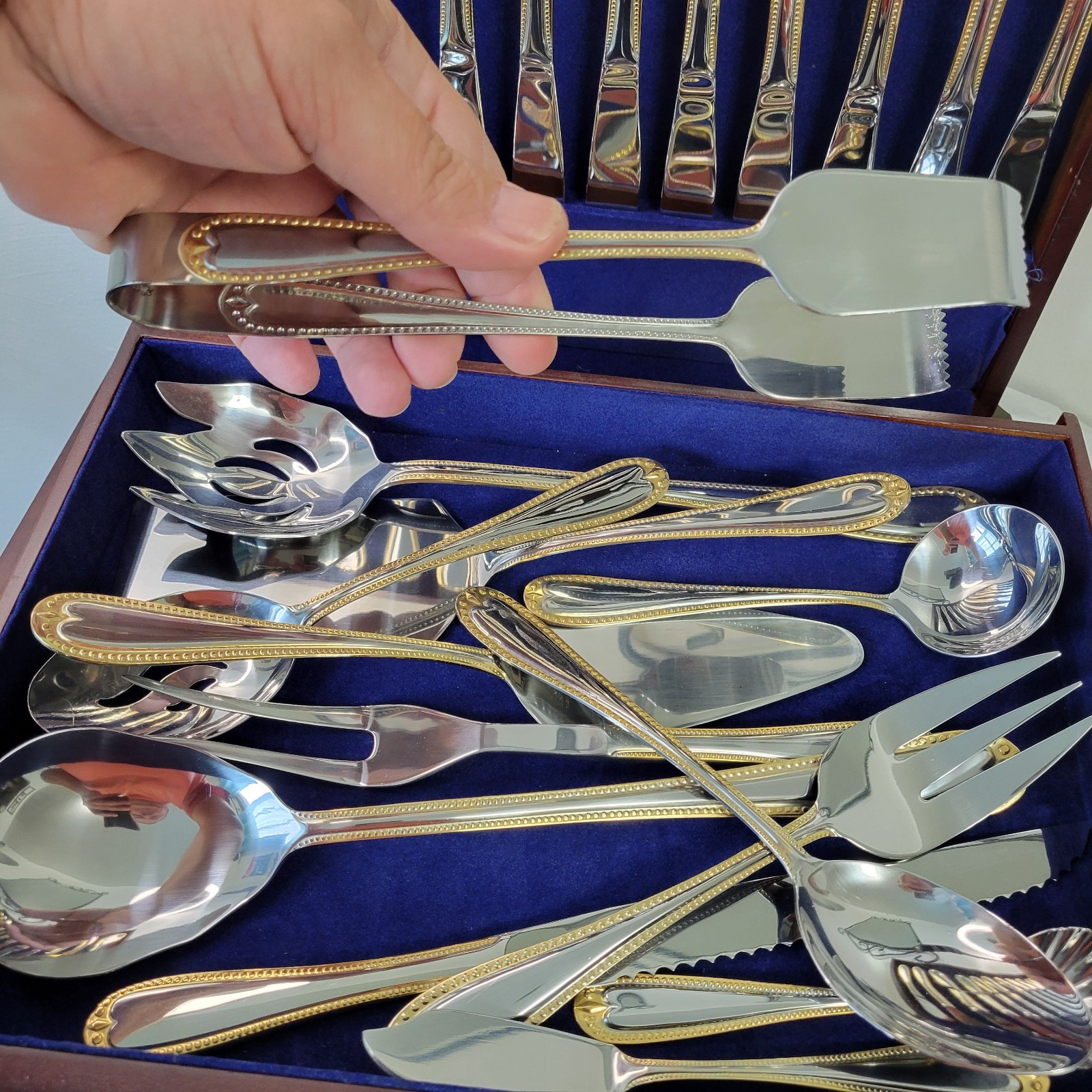 Gold Royal Bead China Stainless Flatware 85pc w/storage Chest & Hostess Serving