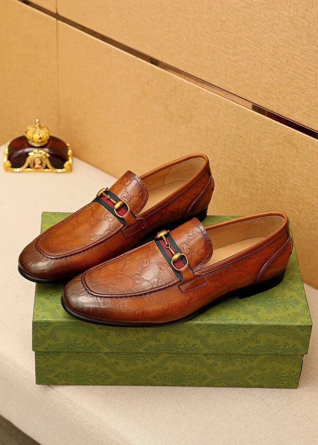 Gucci Men's Horsebit Web GG Loafers Brown Leather Slip On Dress Shoes