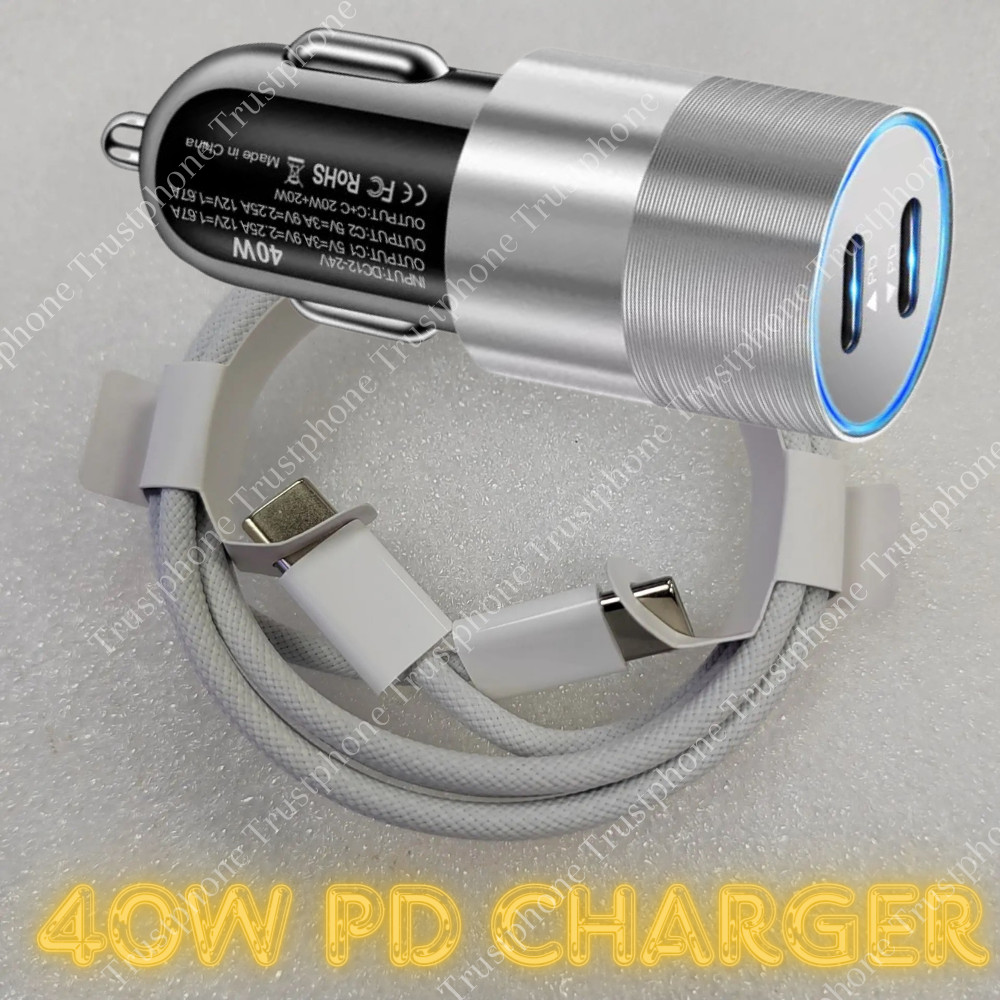 40W Fast Car Charger Braided Dual Type C Cable For iPhone 15 ProMax Plus Samsung