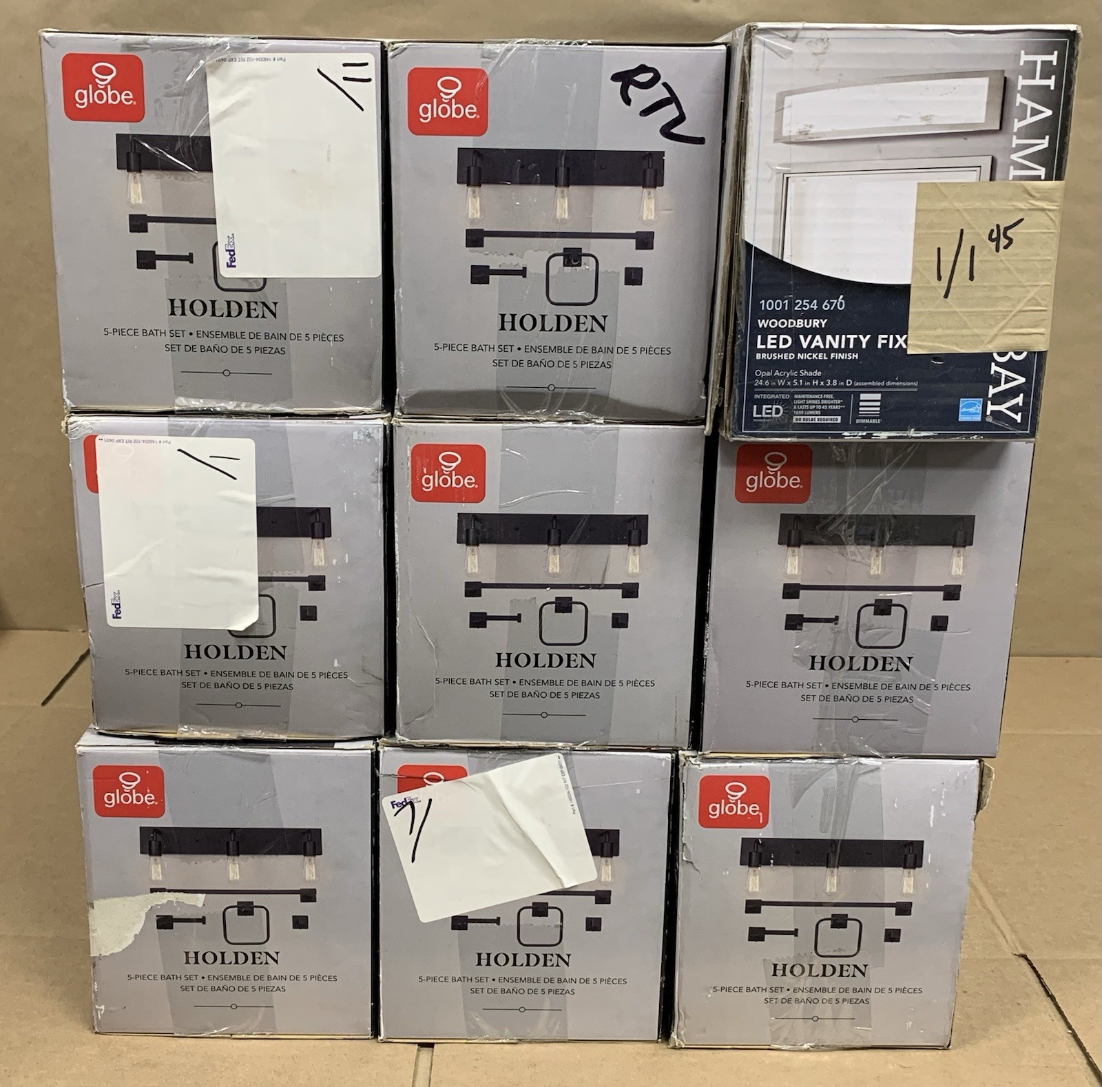 NIB Lot of 9 Sets Holden Vanity Fixture 5pc Bath Towel Bar Hook Hampton Bay LED