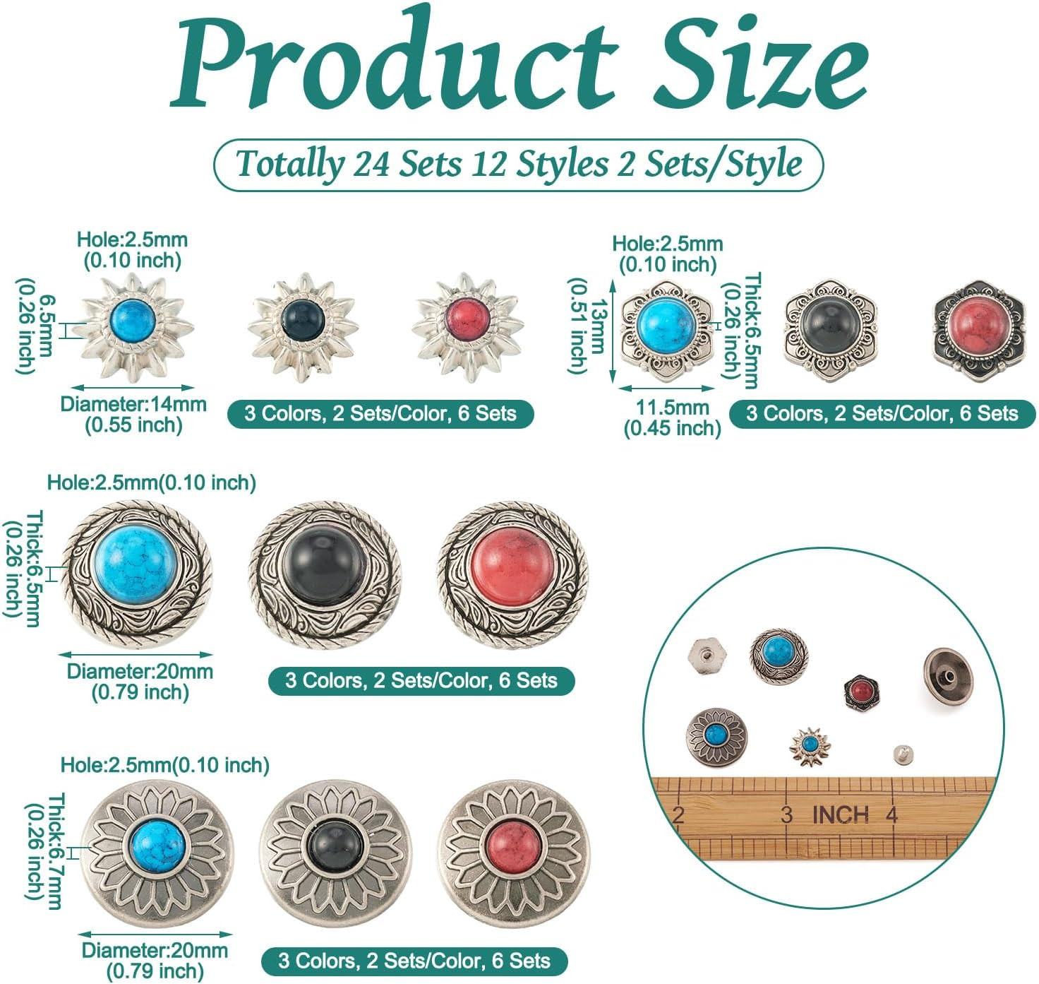 24 Sets Conchos for Leather Sunflower Decorative Rivets Studs 13-20Mm Turquoise