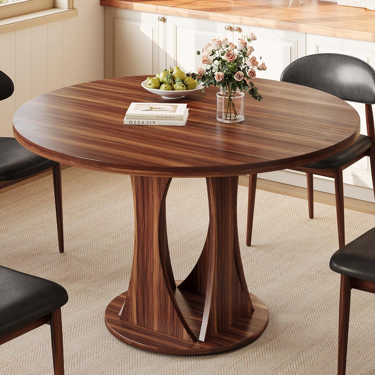 59" Extendable Round Dining Table 6-8 Kitchen Table W/ Sturdy Double Arc Base