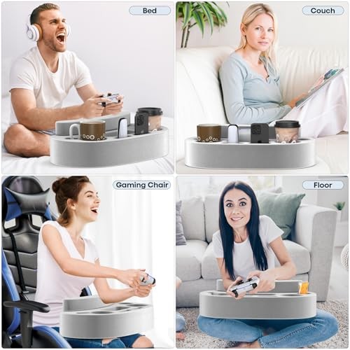 Couch Cup Holder Pillow Tray with 6 Slots, Gaming Pillow With Armrest Pad Grey