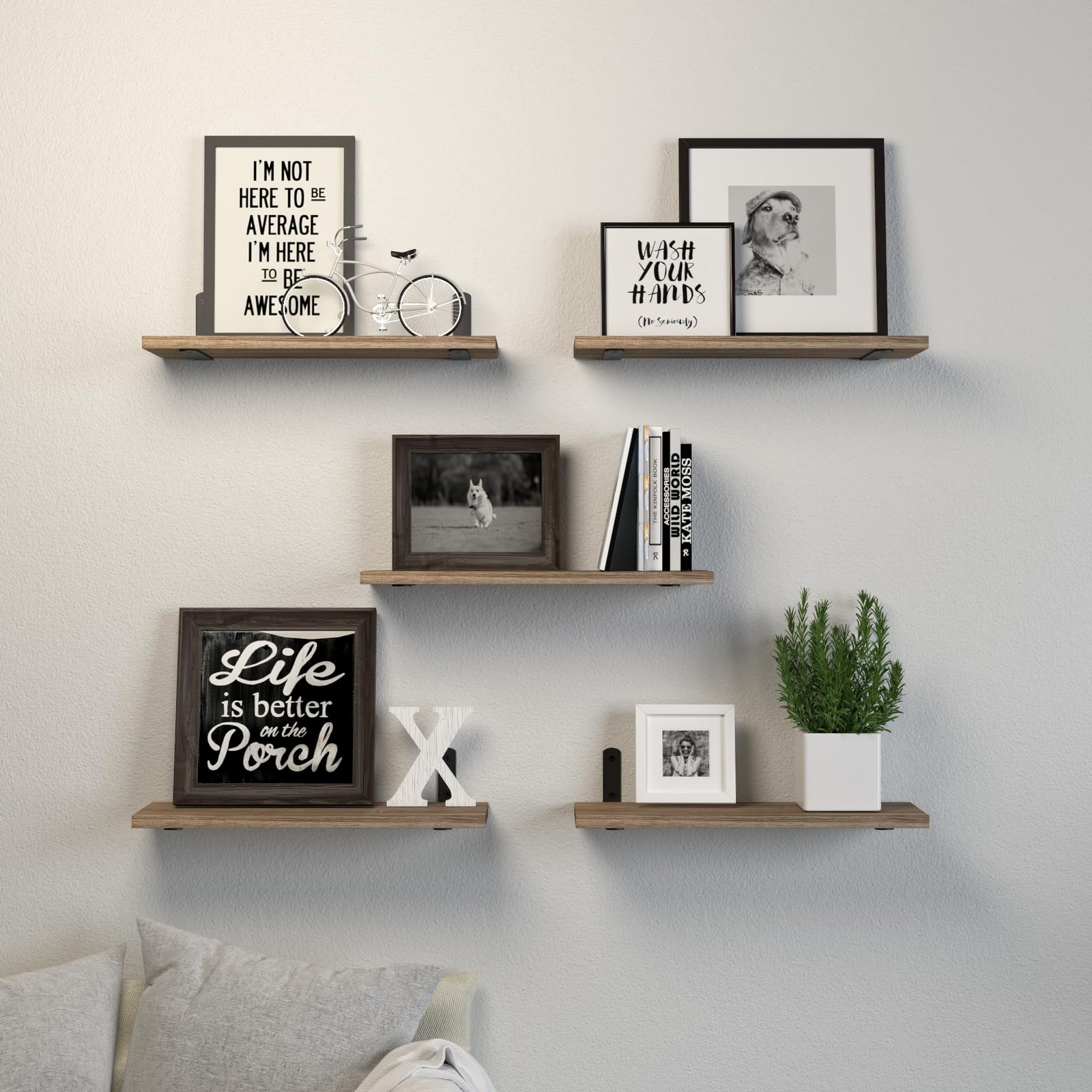 DOLLFIO Floating Shelves, 5 Sets Wall Wood Basic, Rustic Brown