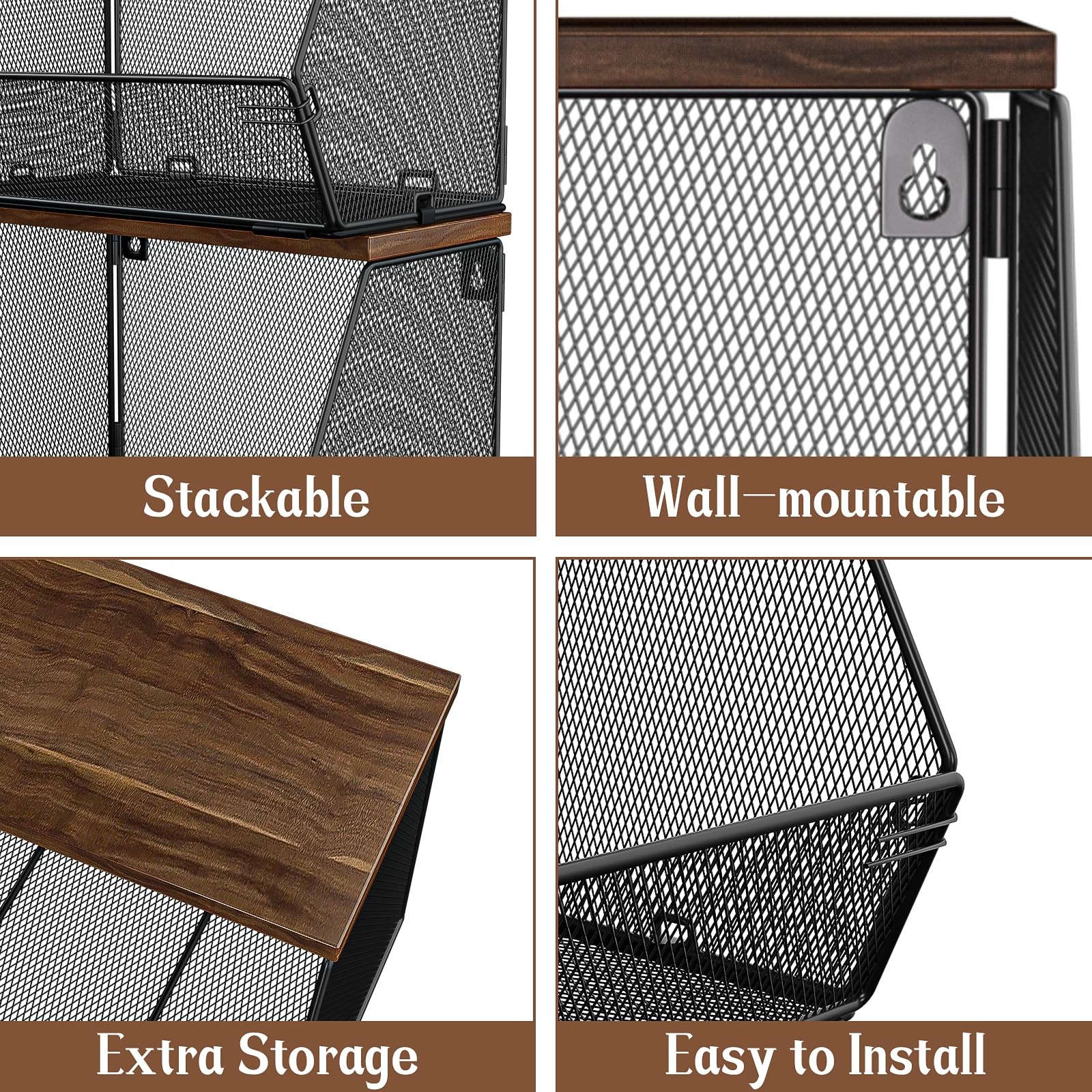 Stackable Fruit Basket for Kitchen Countertop Space Saving, Wall Mounted Mesh...