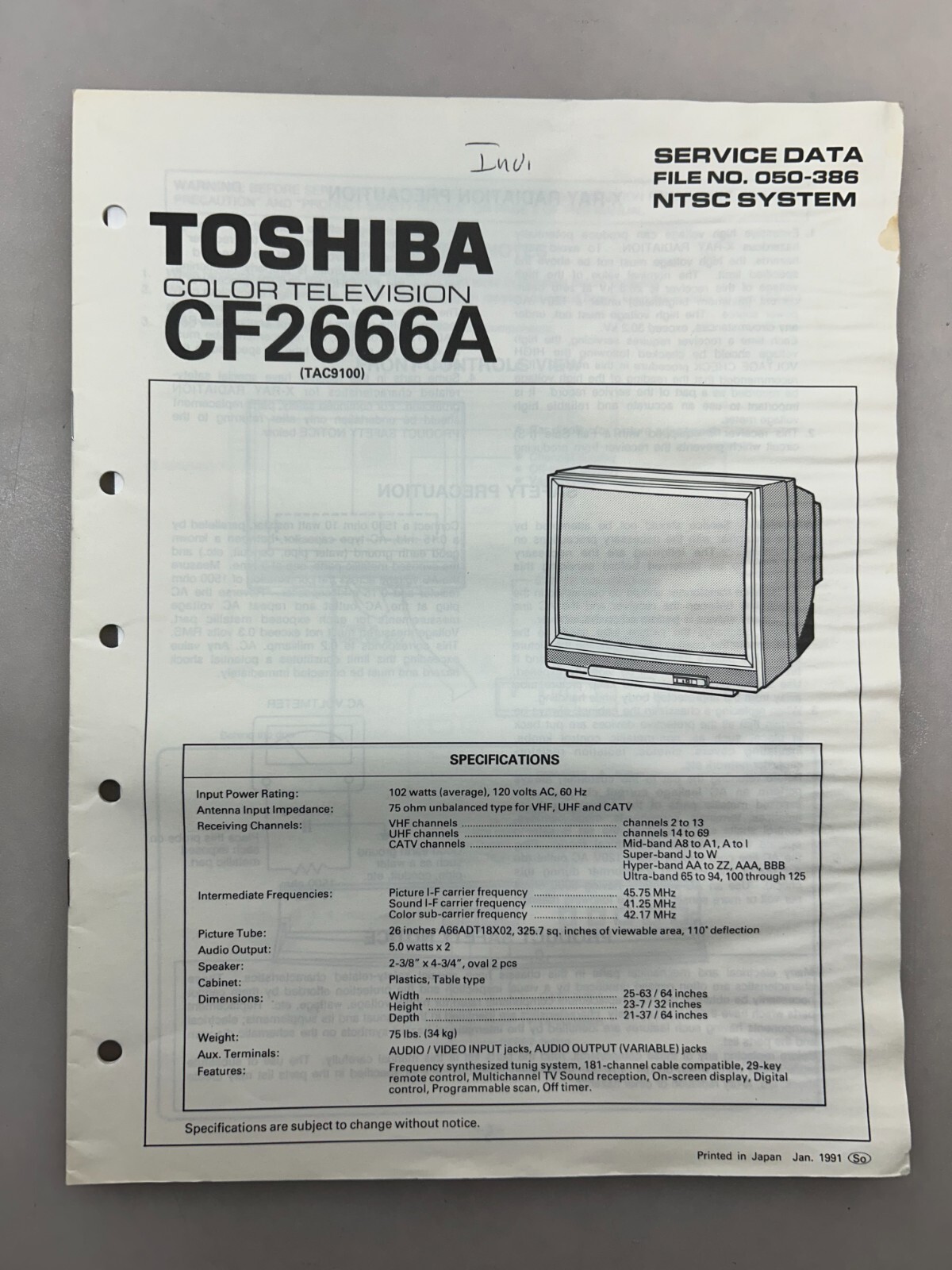 Toshiba CF2666A Original Service Manual Free Shipping