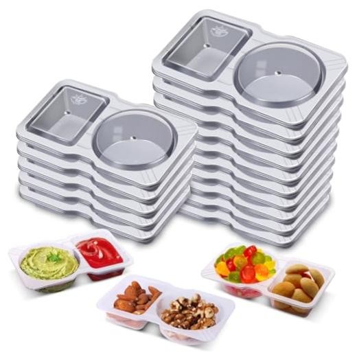 Qewro 15 Sets Snack Containers, Reusable Double Compartment Condiment 15Pack